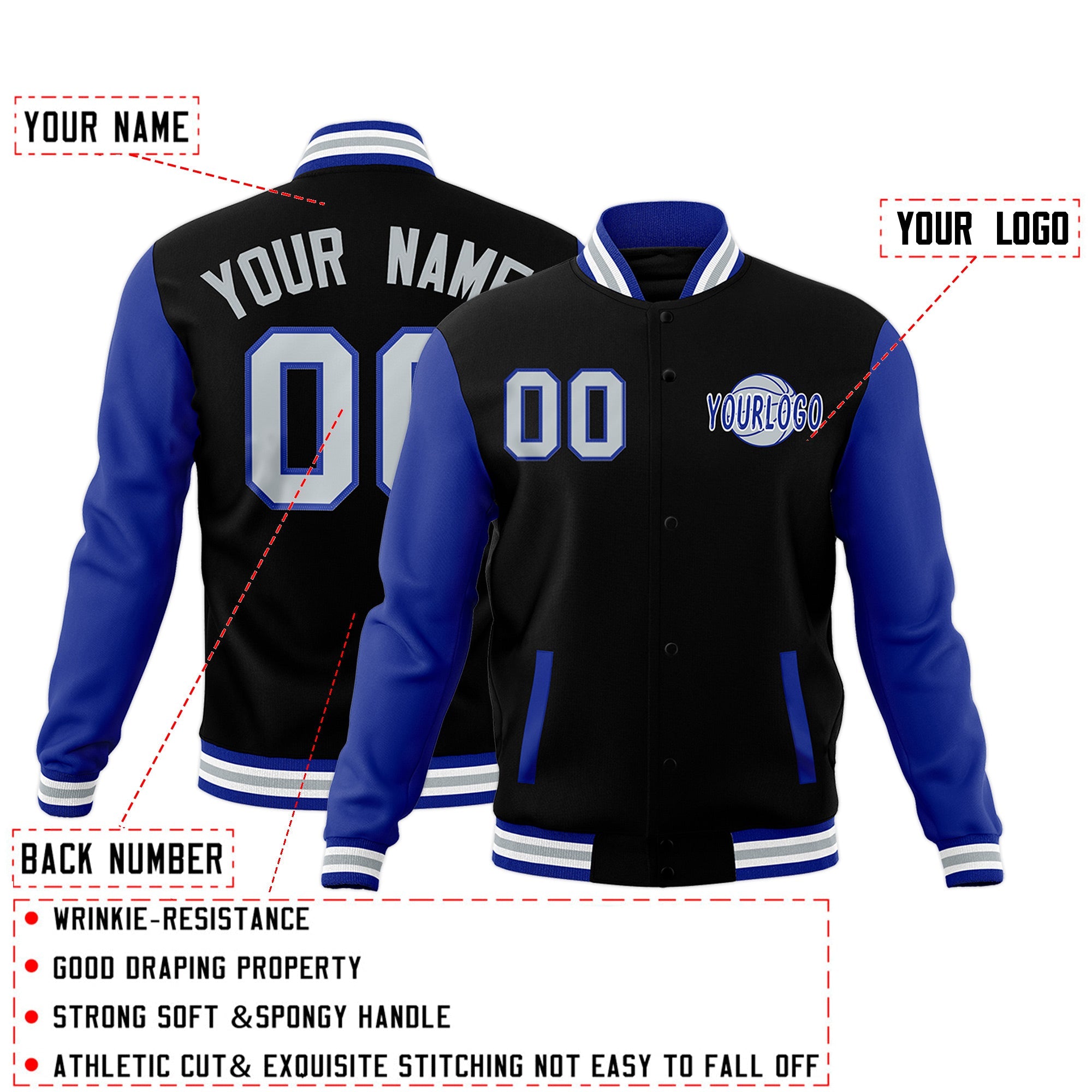 Custom Black Royal Blue White Raglan Sleeves Classic Style Full-Snap Jacket| KXKSHOP