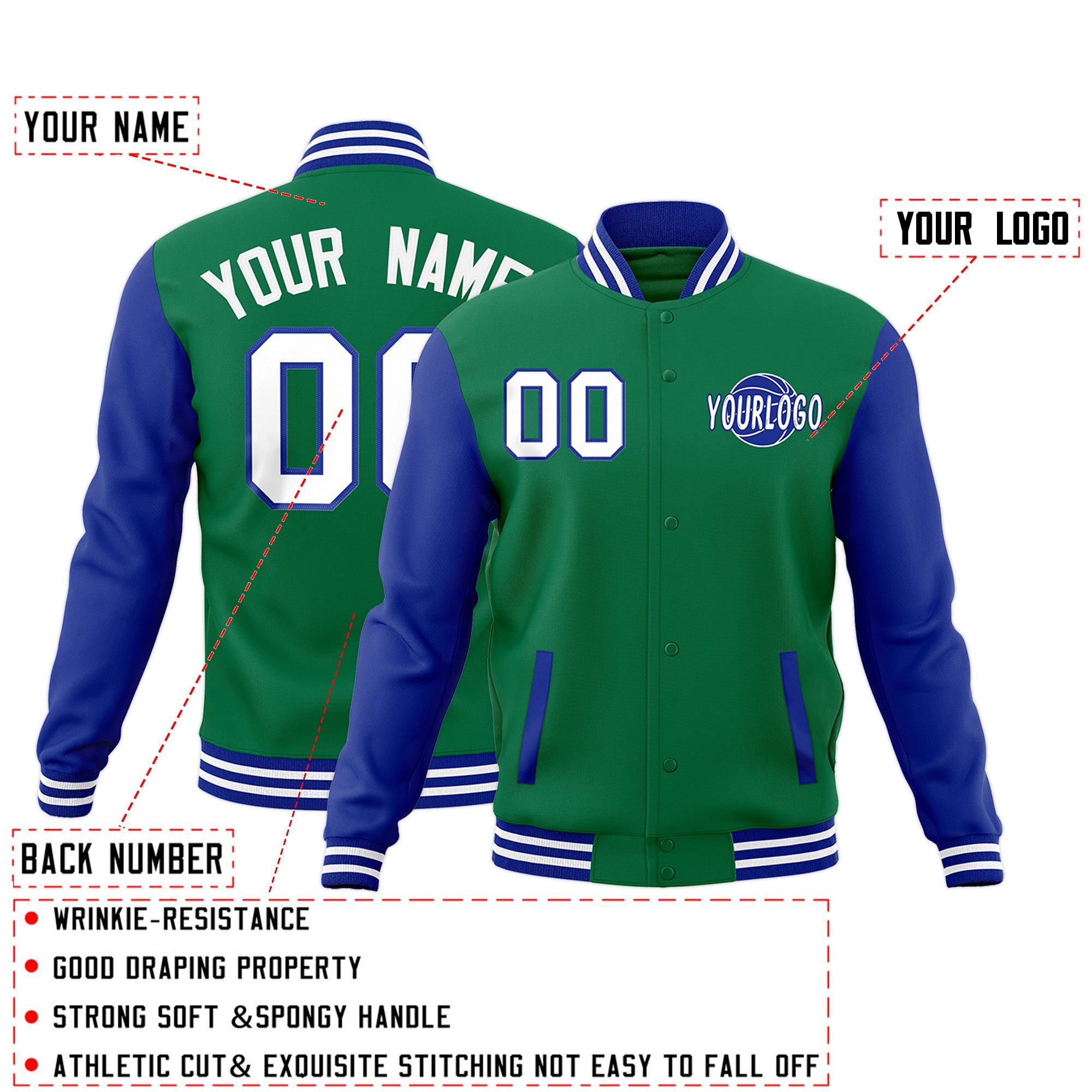 Custom Kelly Green Royal Blue White Raglan Sleeves Classic Style Full-Snap Jacket| KXKSHOP