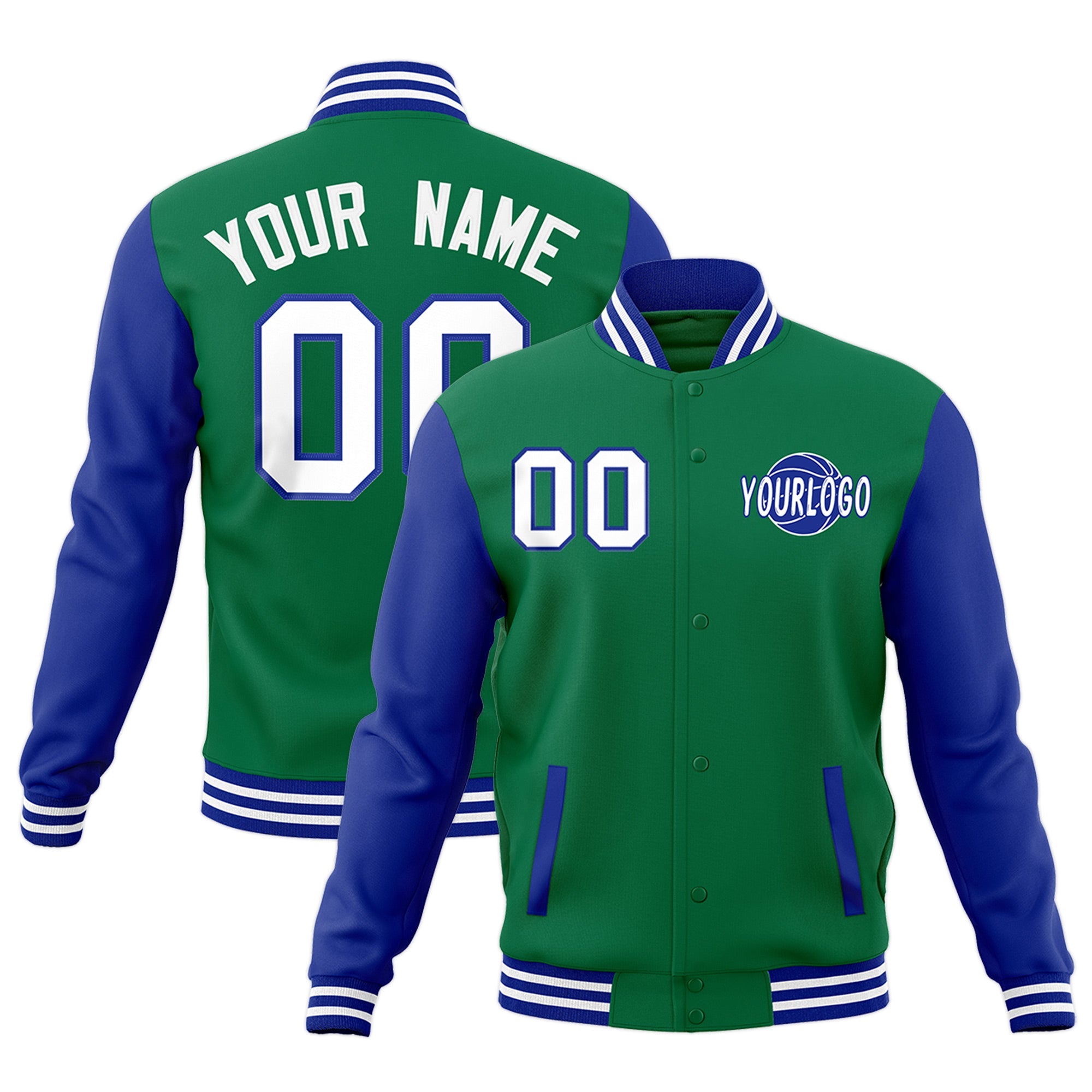 Custom Kelly Green Royal Blue White Raglan Sleeves Classic Style Full-Snap Jacket| KXKSHOP