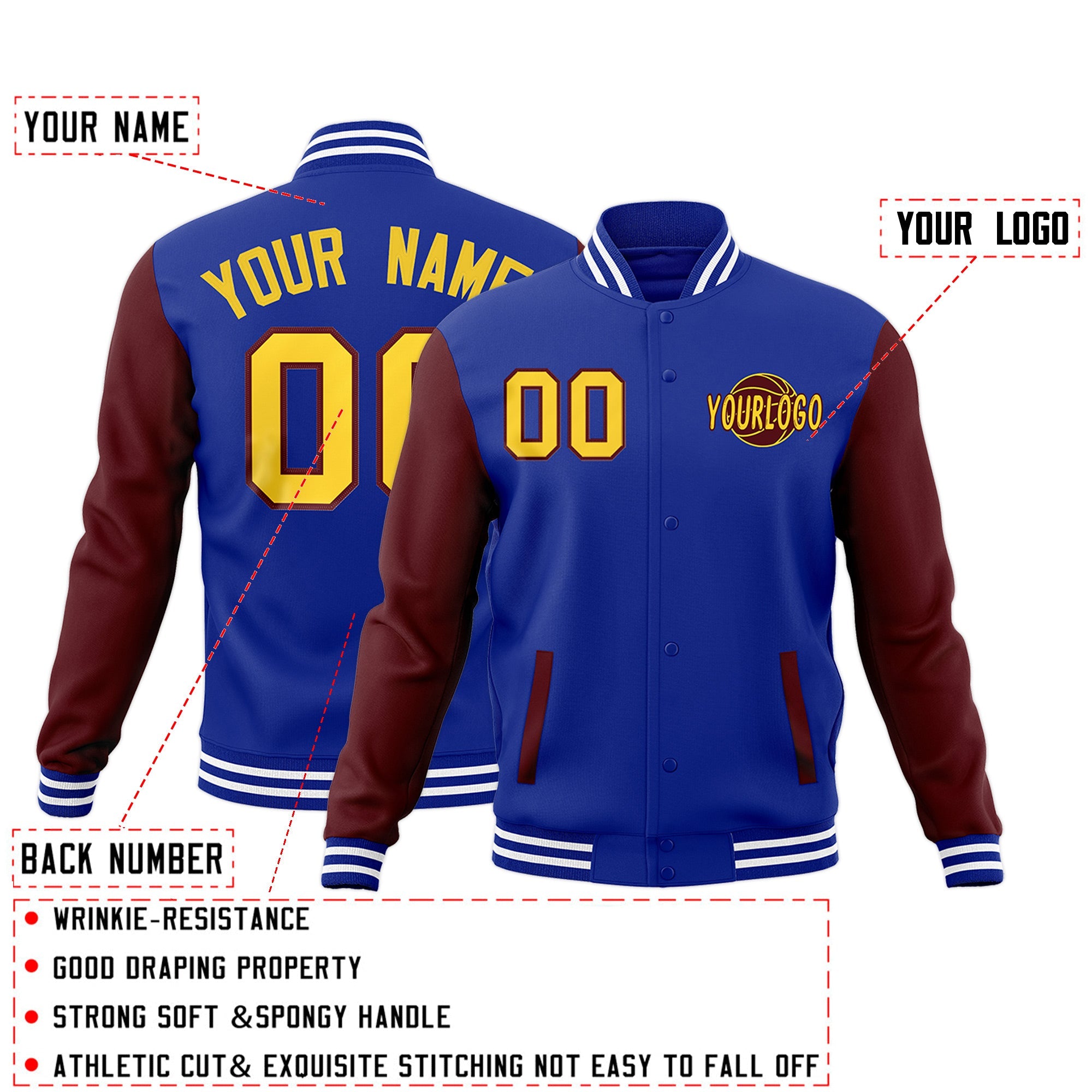 Custom Royal Blue Crimson White Raglan Sleeves Classic Style Full-Snap Jacket| KXKSHOP