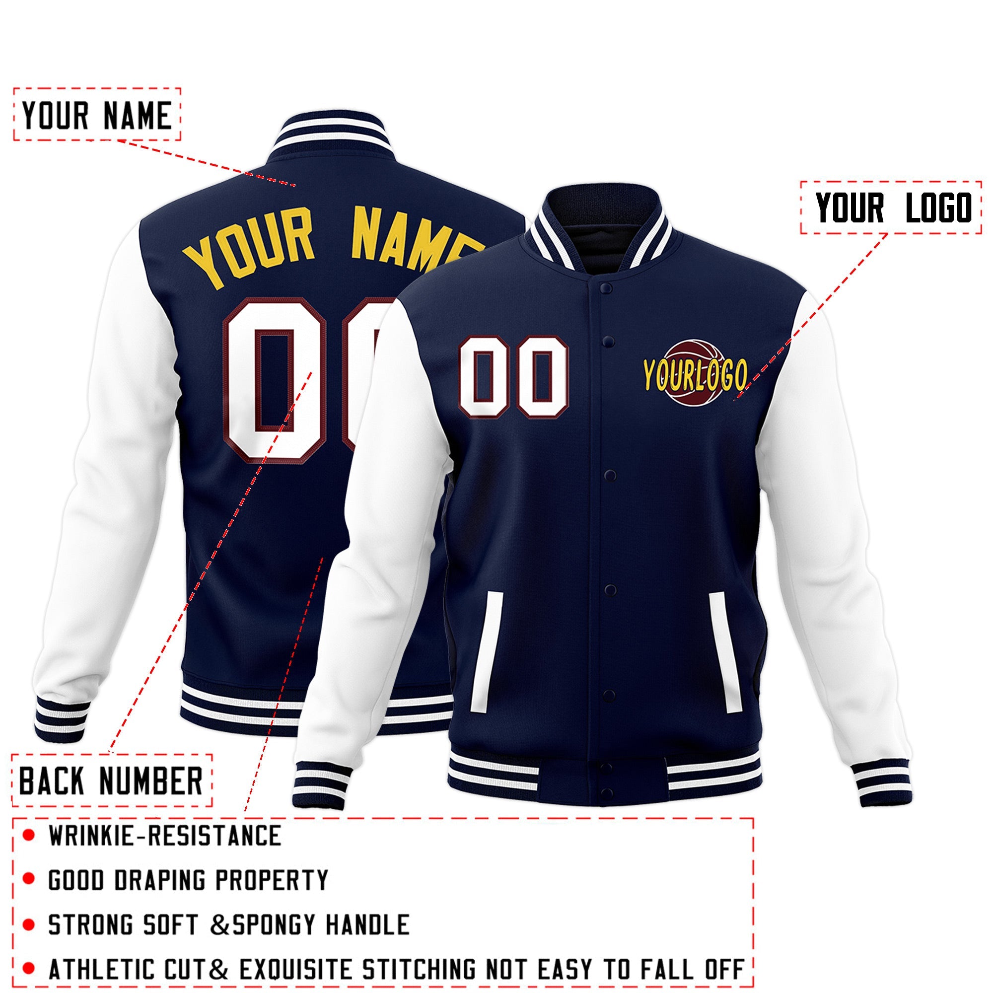 Custom Navy White Raglan Sleeves Classic Style Full-Snap Jacket| KXKSHOP