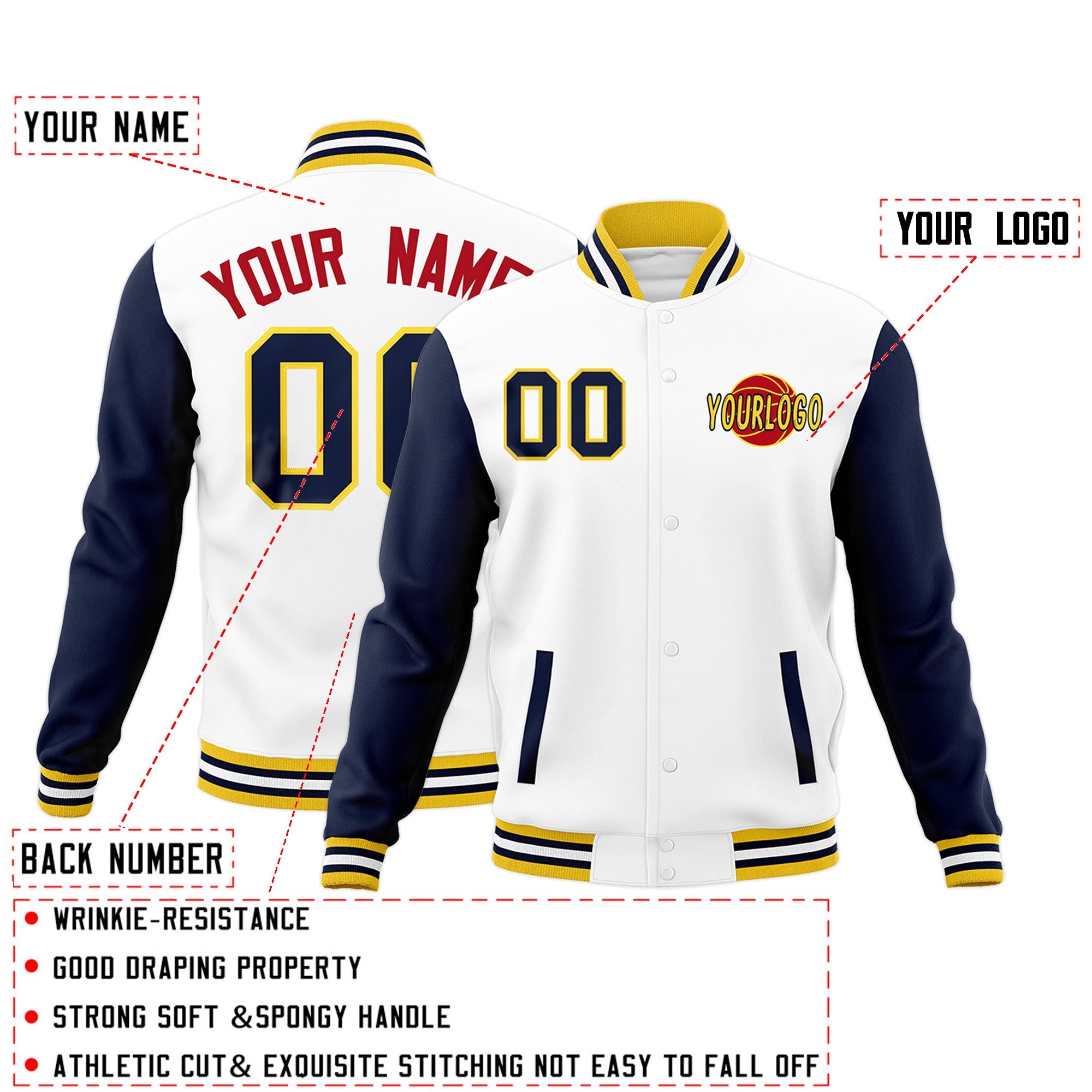 Custom White Navy Gold Raglan Sleeves Classic Style Full-Snap Jacket| KXKSHOP