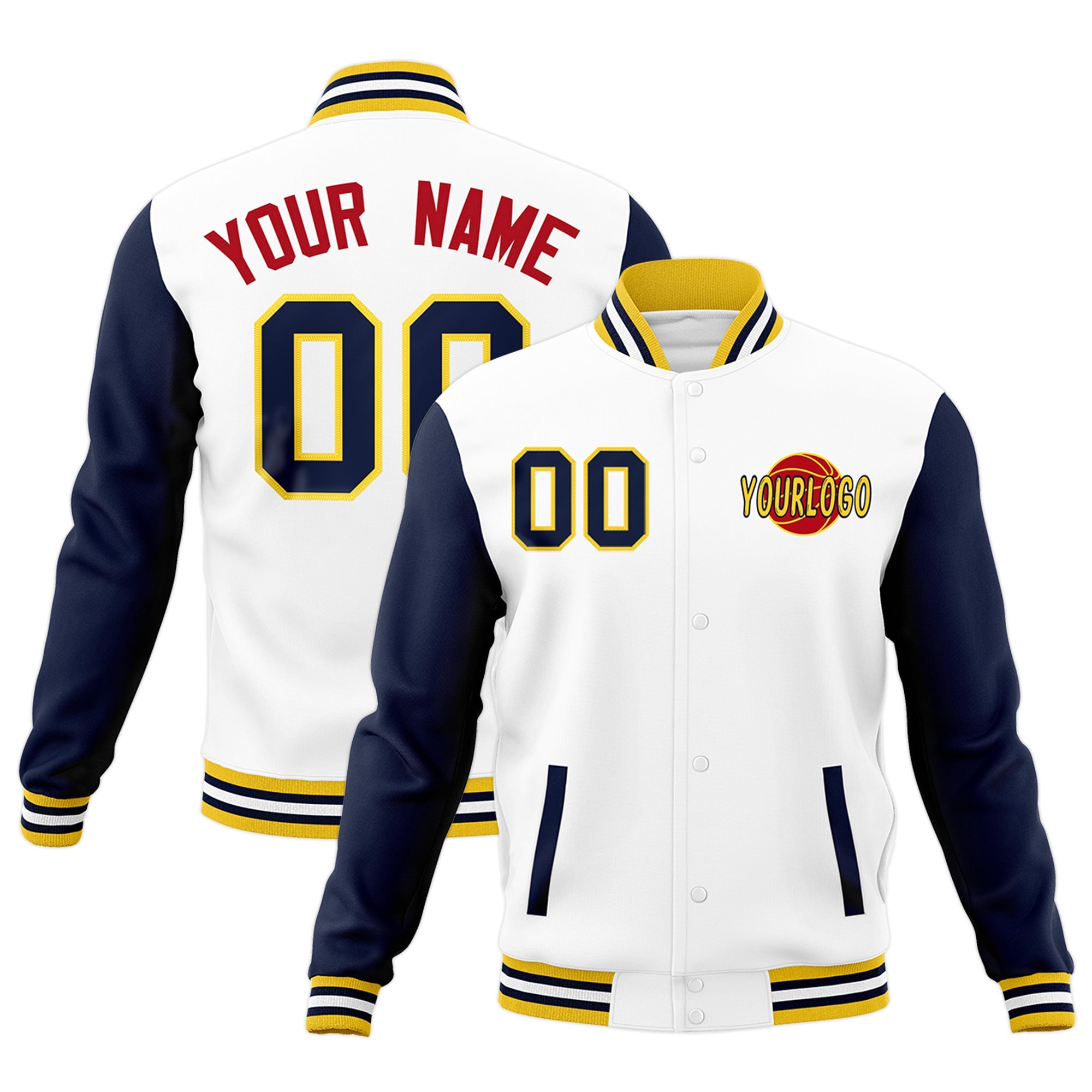 Custom White Navy Gold Raglan Sleeves Classic Style Full-Snap Jacket| KXKSHOP