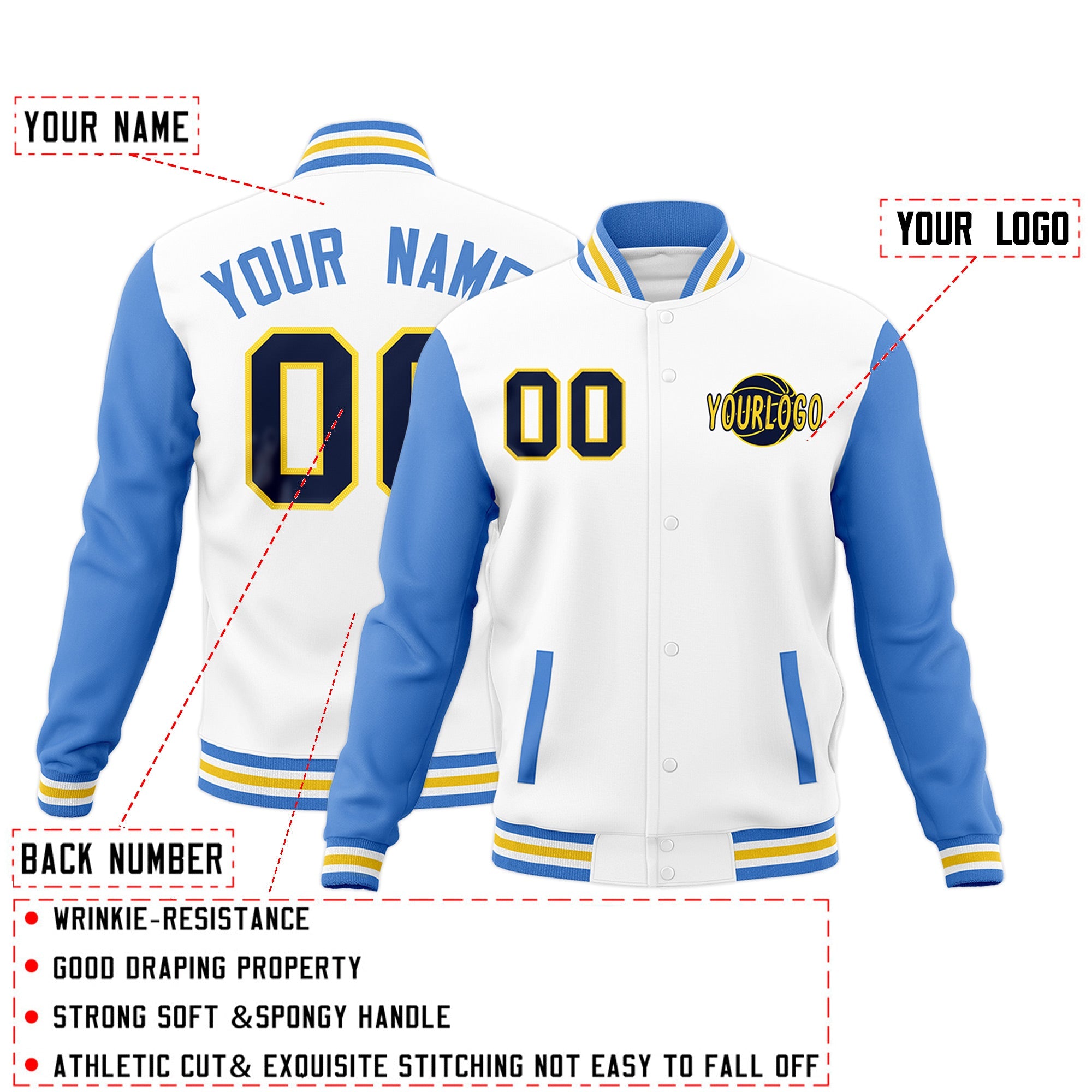Custom White Powder Blue Gold Raglan Sleeves Classic Style Full-Snap Jacket| KXKSHOP