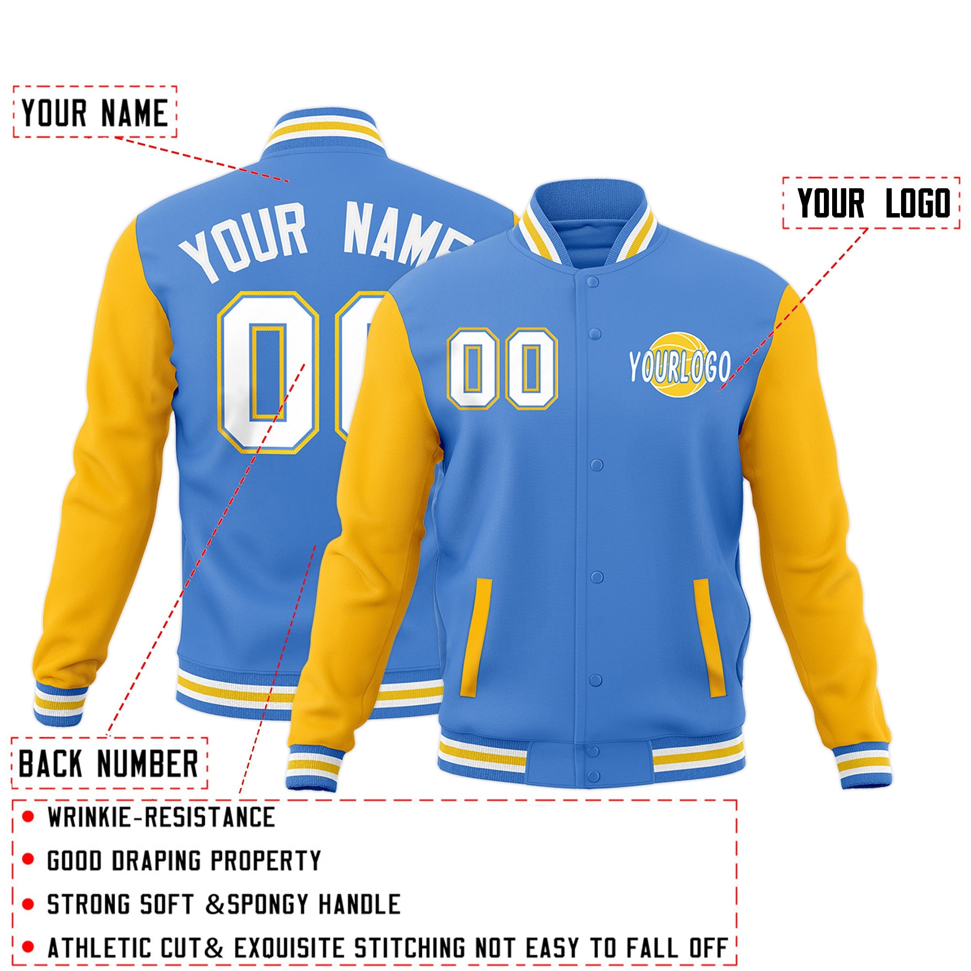 Custom Powder Blue White Gold Raglan Sleeves Classic Style Full-Snap Jacket| KXKSHOP