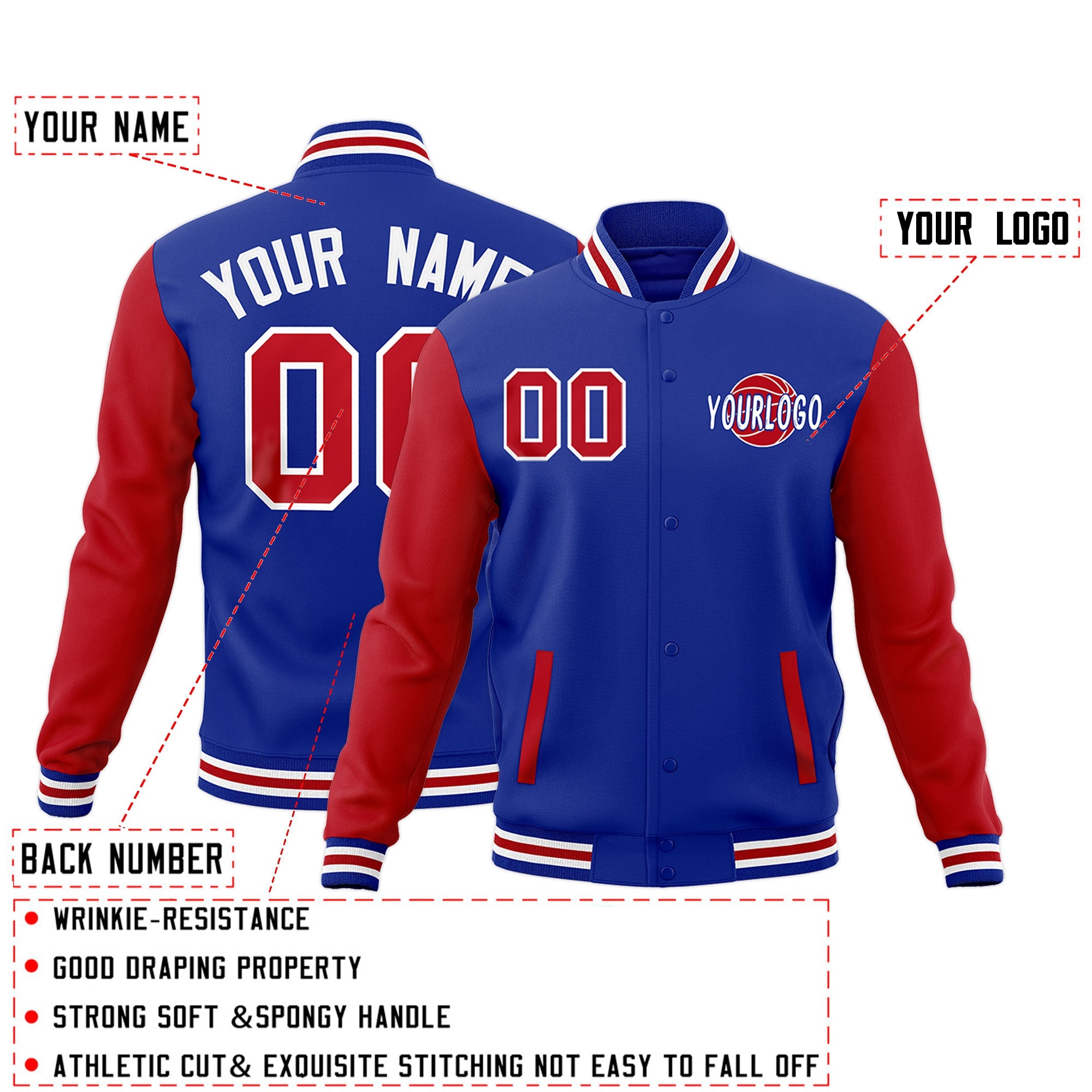 Custom Royal Blue Red White Raglan Sleeves Classic Style Full-Snap Jacket| KXKSHOP