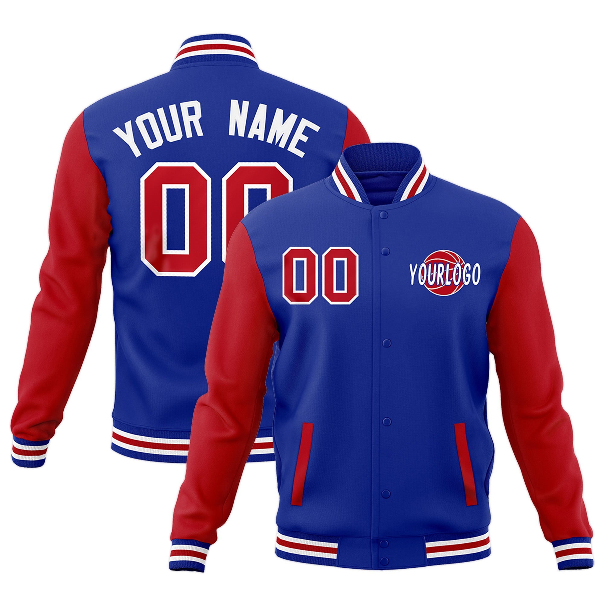 Custom Royal Blue Red White Raglan Sleeves Classic Style Full-Snap Jacket| KXKSHOP