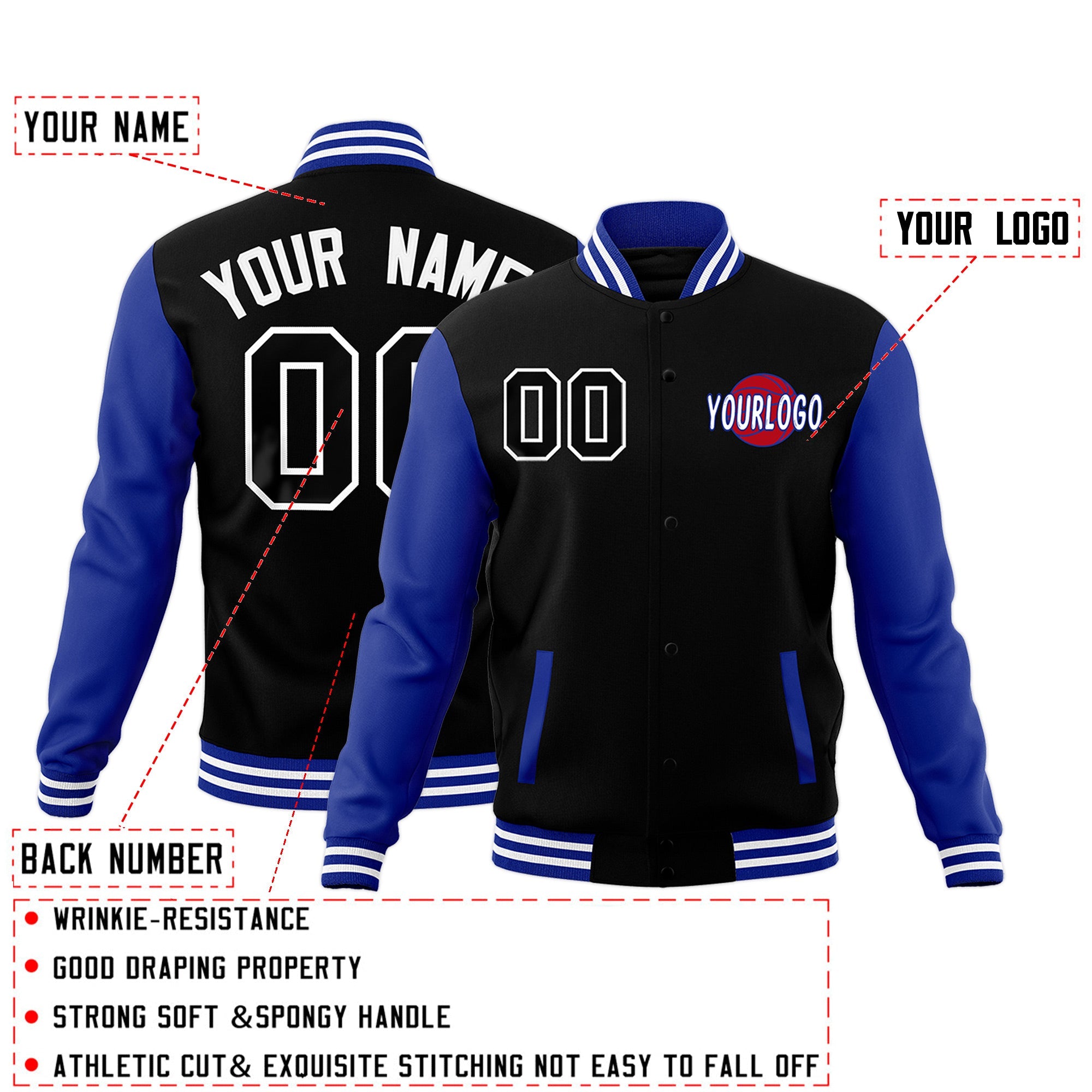 Custom Royal Blue Black White Raglan Sleeves Classic Style Full-Snap Jacket| KXKSHOP