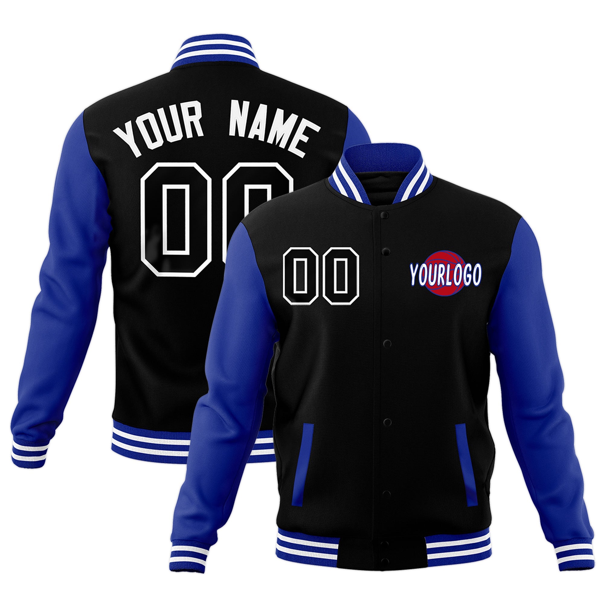 Custom Royal Blue Black White Raglan Sleeves Classic Style Full-Snap Jacket| KXKSHOP