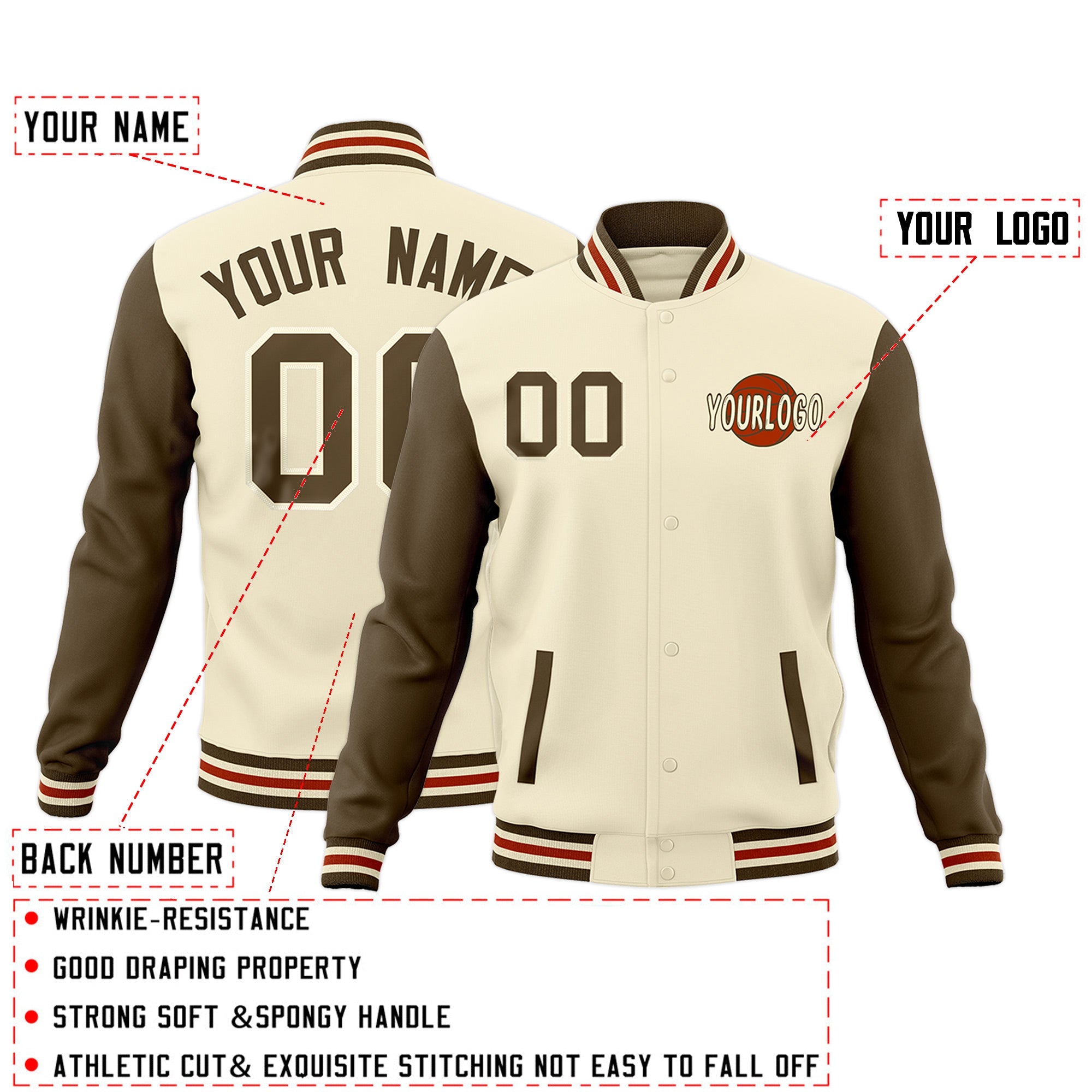 Custom Cream Light Brown Dark Orange Raglan Sleeves Classic Style Full-Snap Jacket| KXKSHOP
