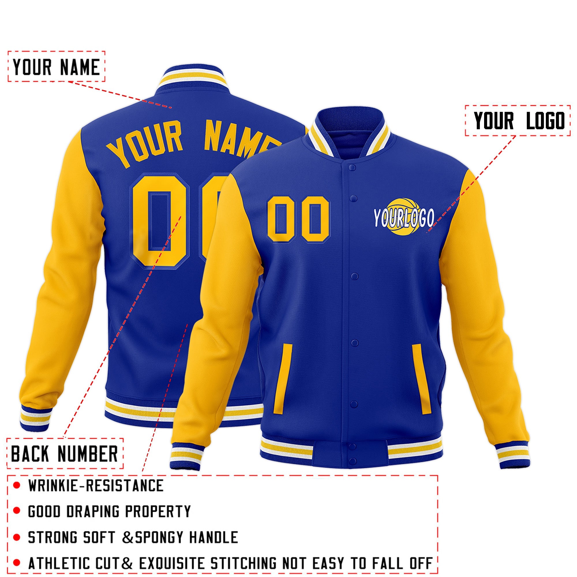 Custom Royal Blue White Gold Raglan Sleeves Classic Style Full-Snap Jacket| KXKSHOP