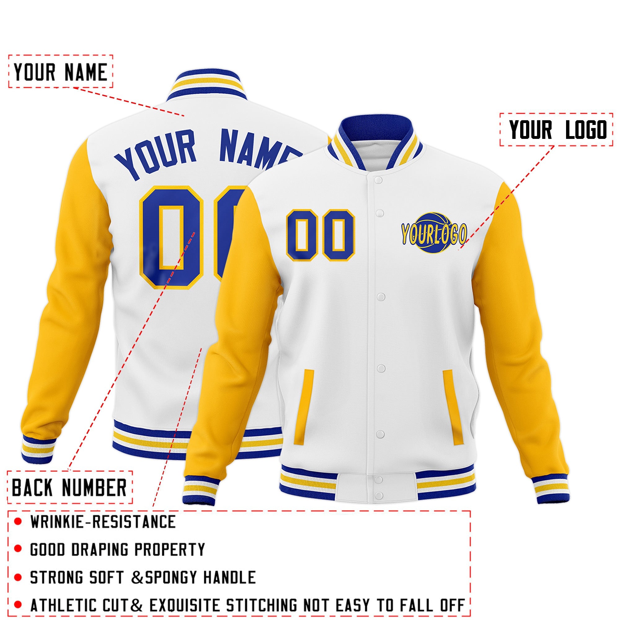 Custom White Royal Blue Gold Raglan Sleeves Classic Style Full-Snap Jacket| KXKSHOP