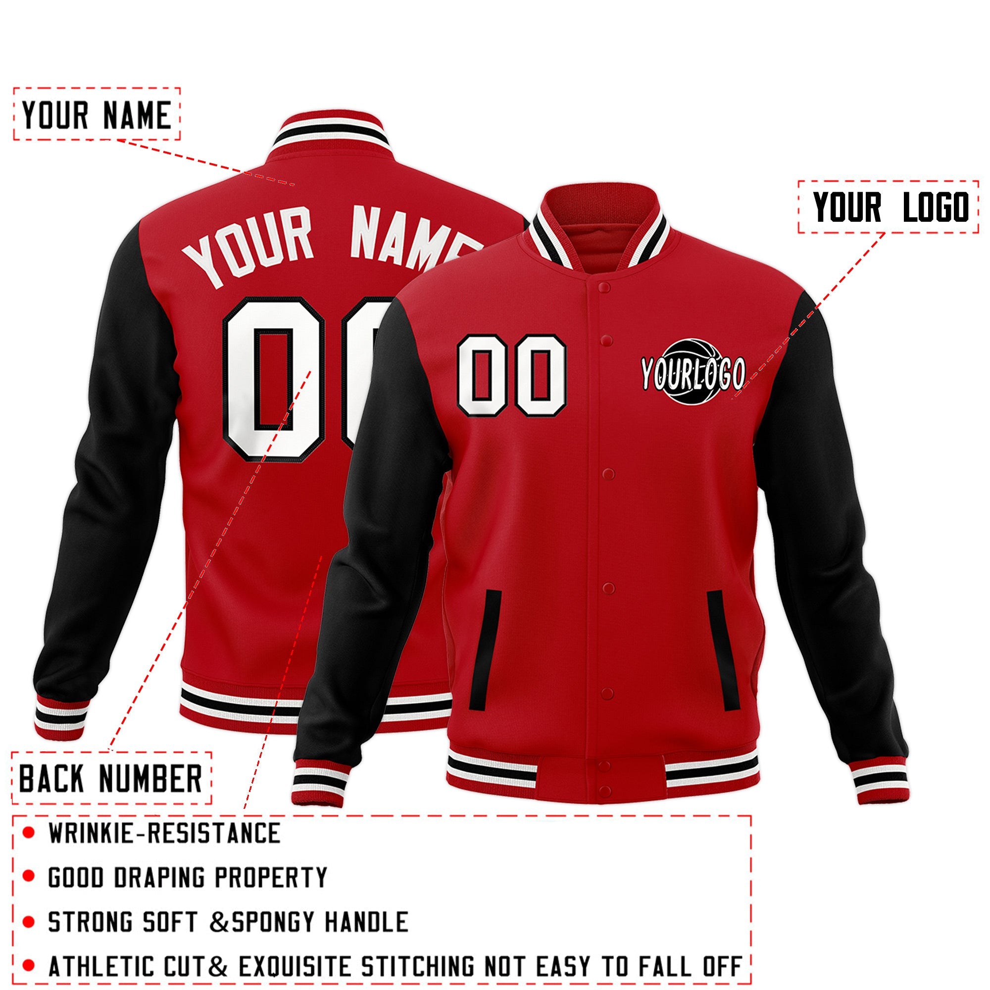 Custom Red Black White Raglan Sleeves Classic Style Full-Snap Jacket| KXKSHOP