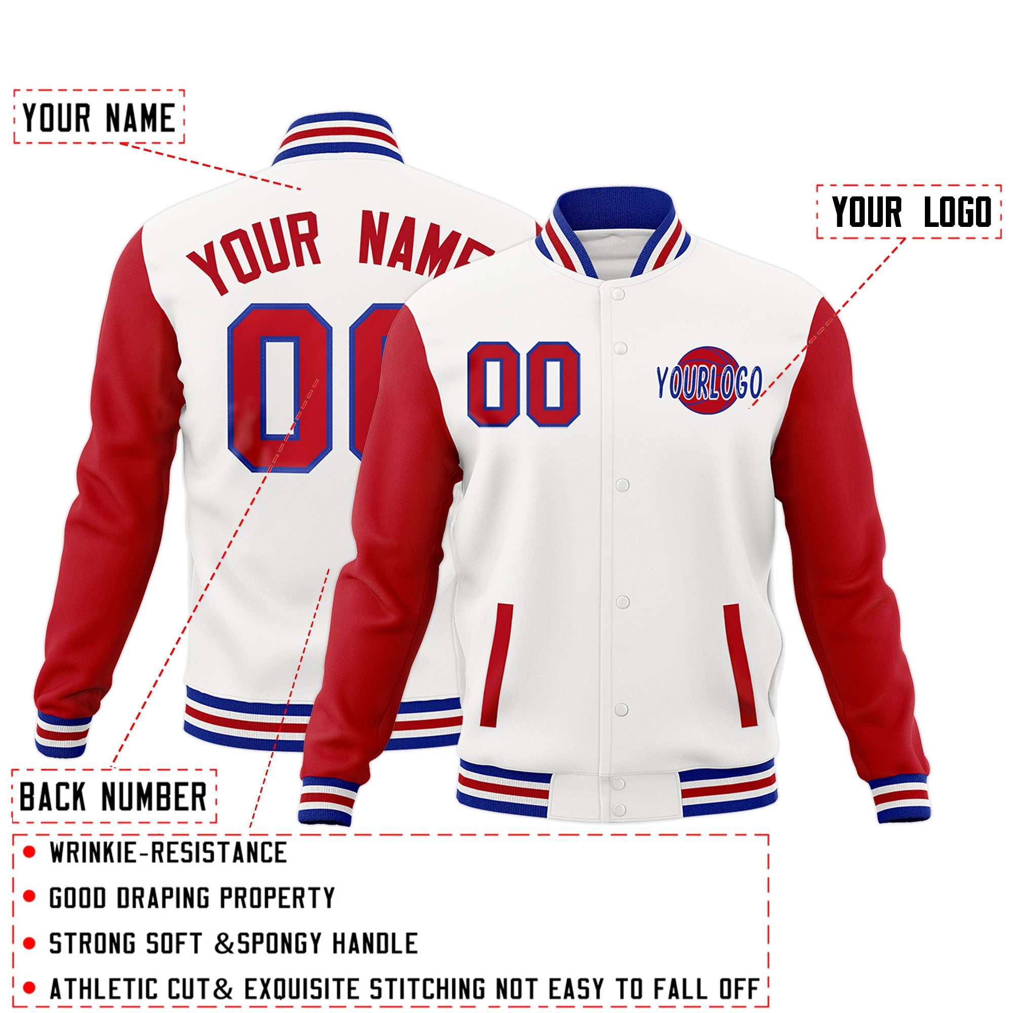 Custom White Red Royal Blue Raglan Sleeves Classic Style Full-Snap Jacket| KXKSHOP