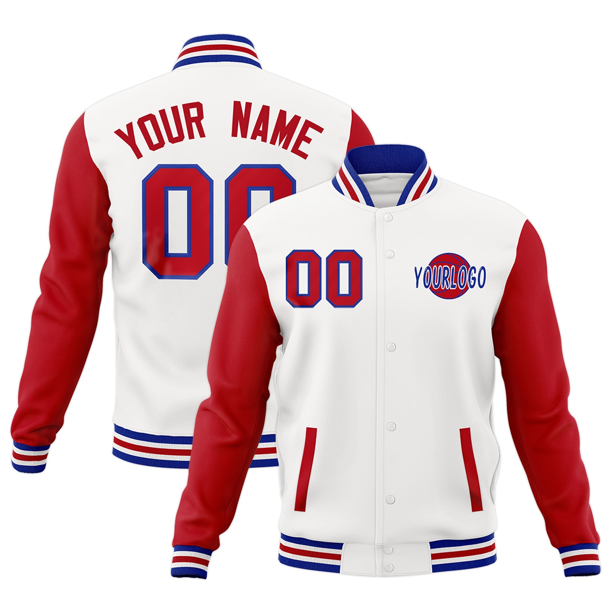 Custom White Red Royal Blue Raglan Sleeves Classic Style Full-Snap Jacket| KXKSHOP