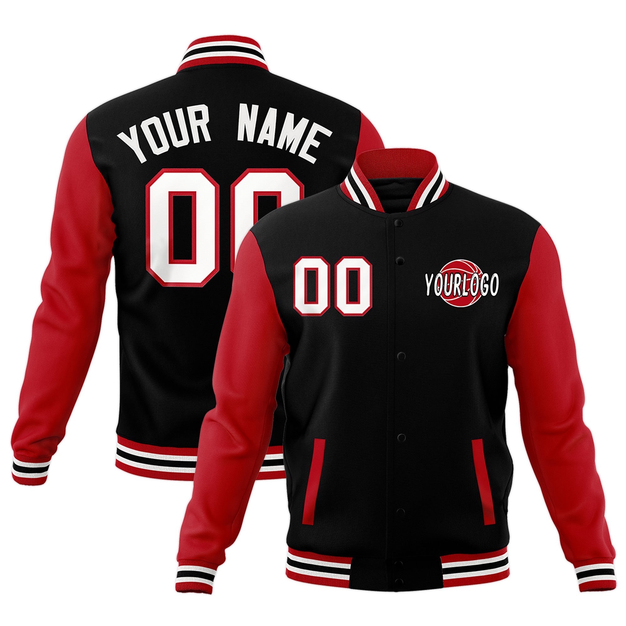 Custom Black Red Raglan Sleeves Classic Style Full-Snap Jacket| KXKSHOP