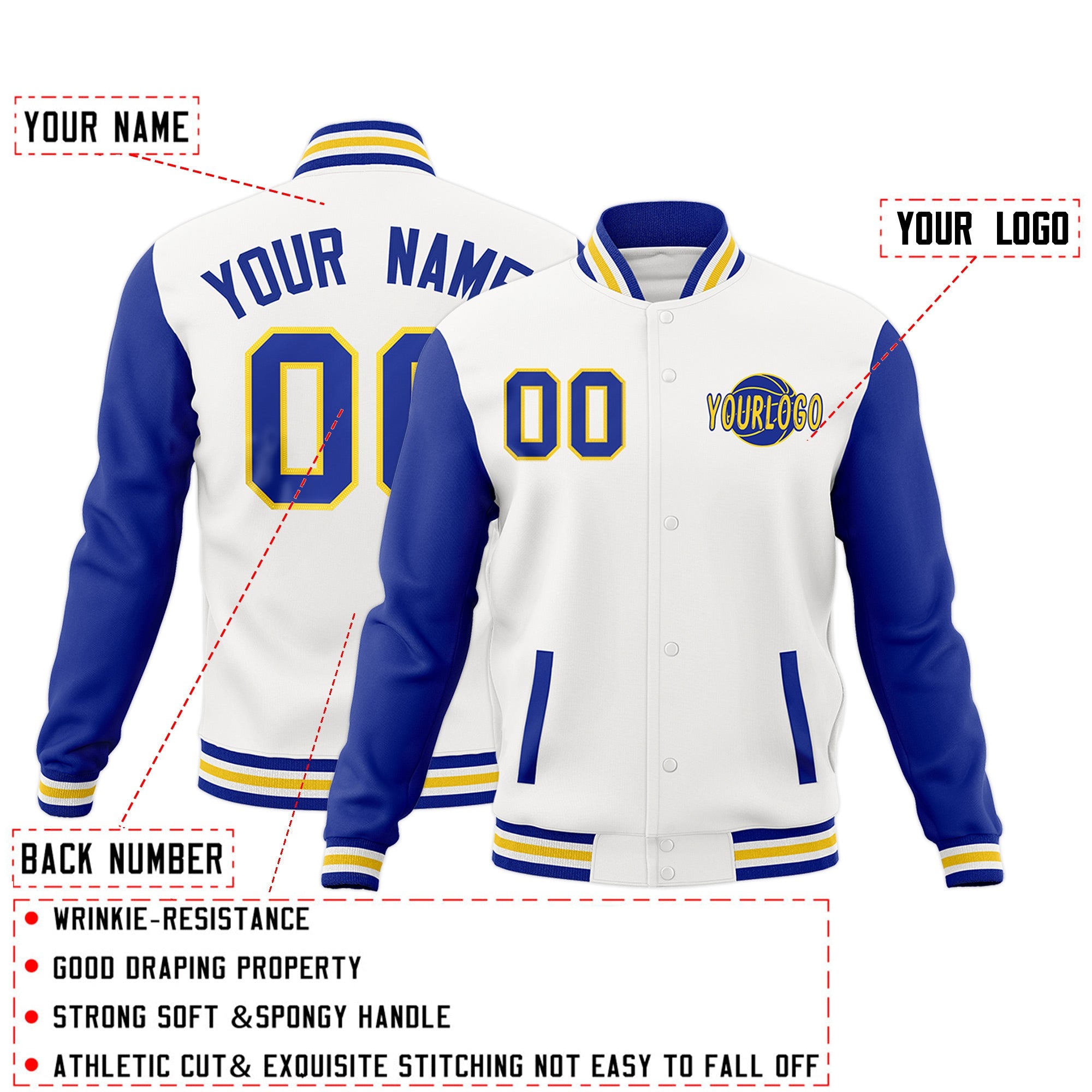 Custom White Royal Blue Raglan Sleeves Classic Style Full-Snap Jacket| KXKSHOP