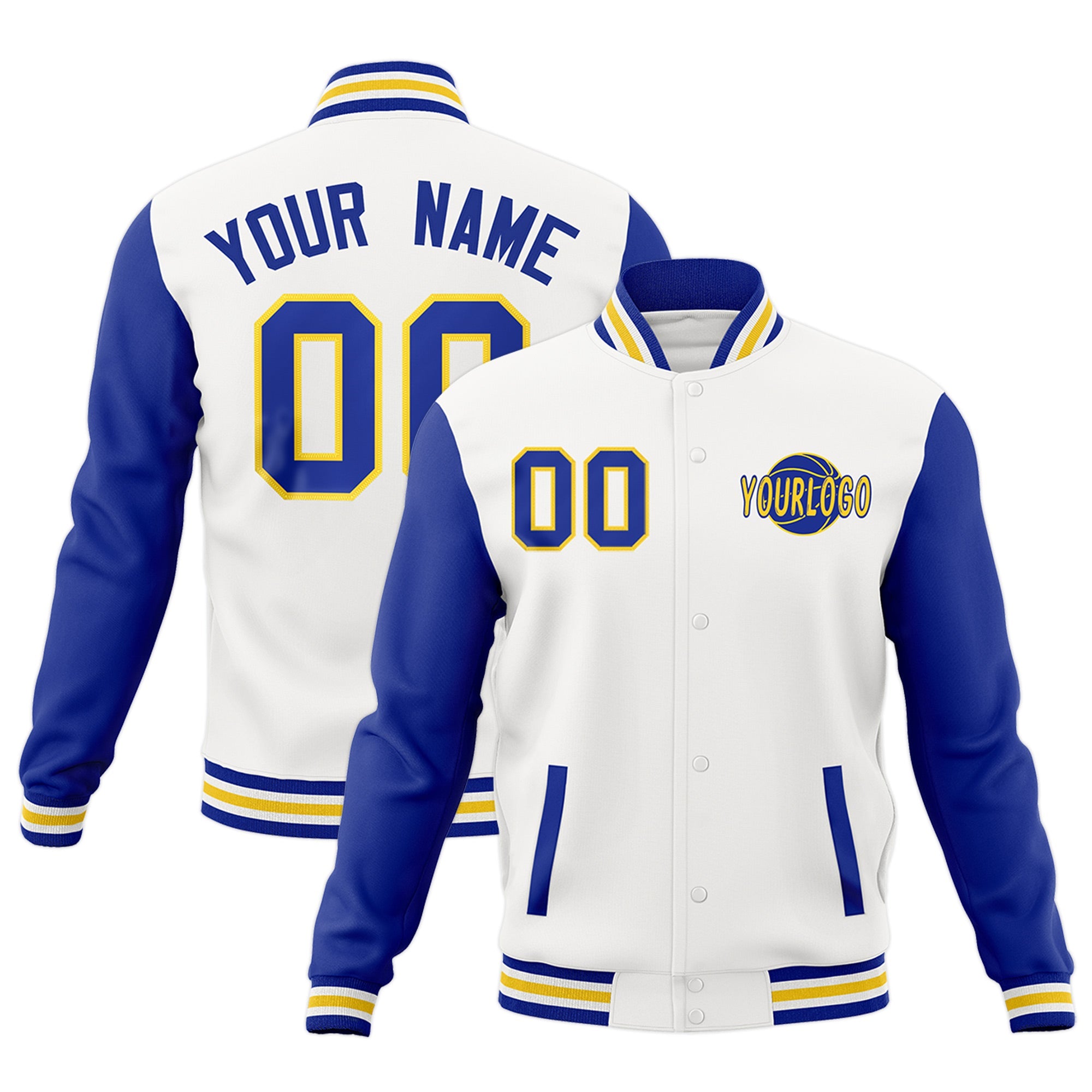 Custom White Royal Blue Raglan Sleeves Classic Style Full-Snap Jacket| KXKSHOP
