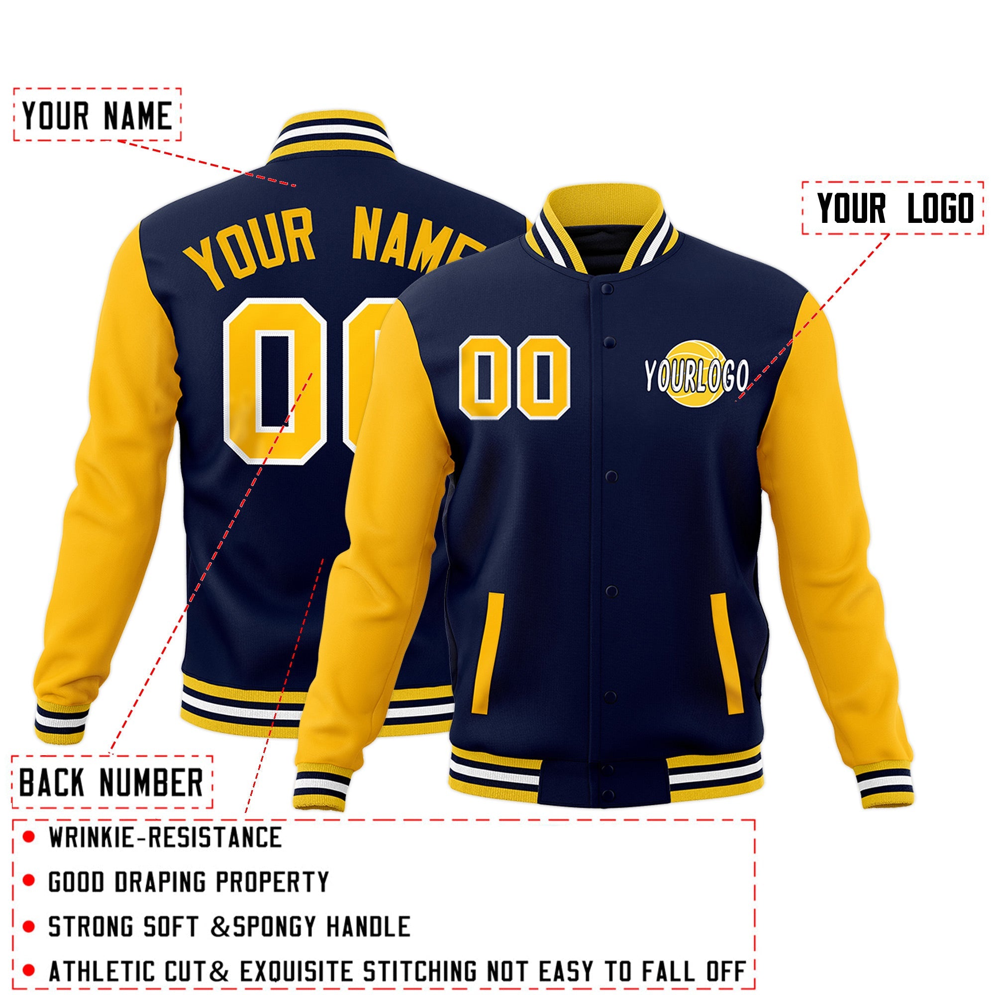 Custom Navy Gold White Raglan Sleeves Classic Style Full-Snap Jacket| KXKSHOP