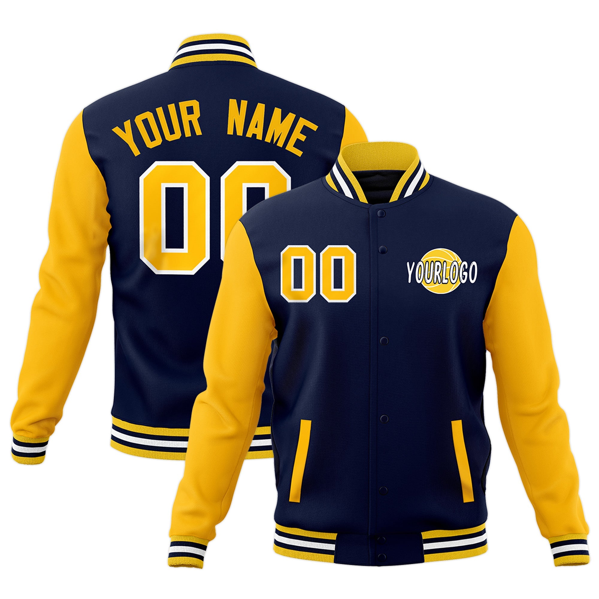 Custom Navy Gold White Raglan Sleeves Classic Style Full-Snap Jacket| KXKSHOP
