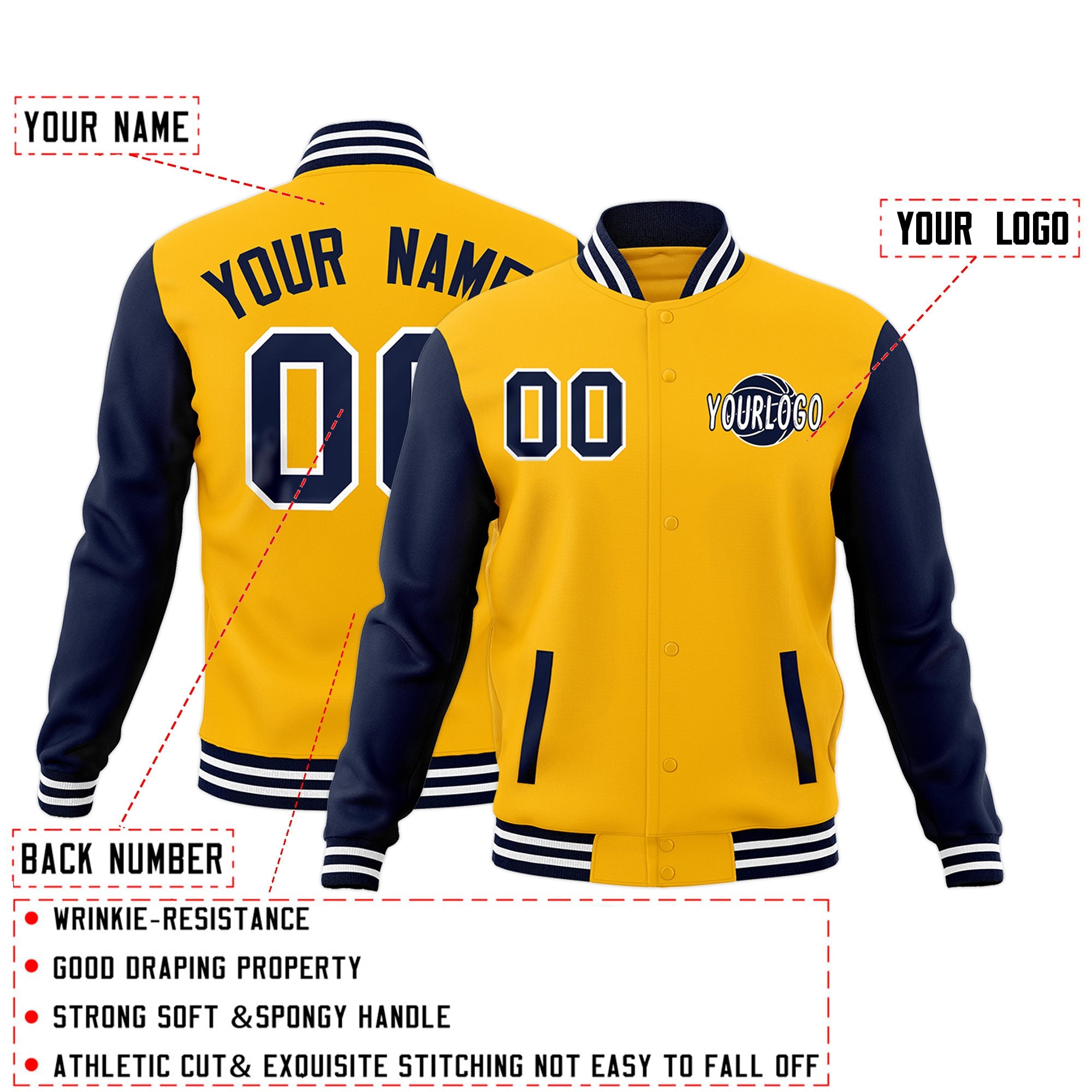 Custom Yellow Navy White Raglan Sleeves Classic Style Full-Snap Jacket| KXKSHOP