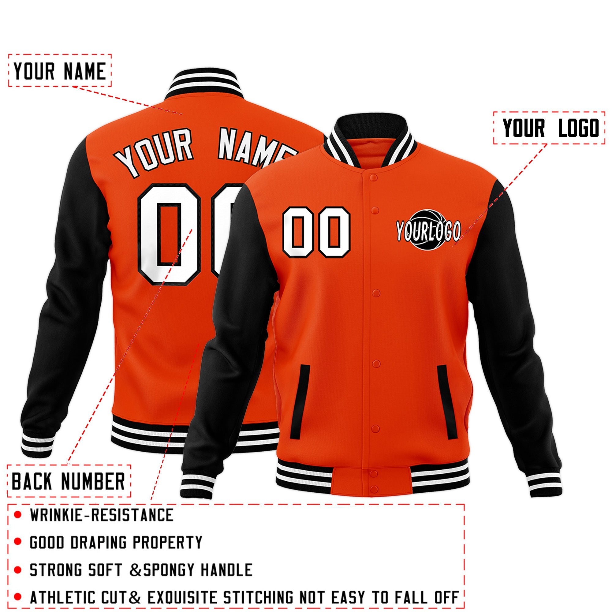 Custom Orange Black White Raglan Sleeves Classic Style Full-Snap Jacket| KXKSHOP
