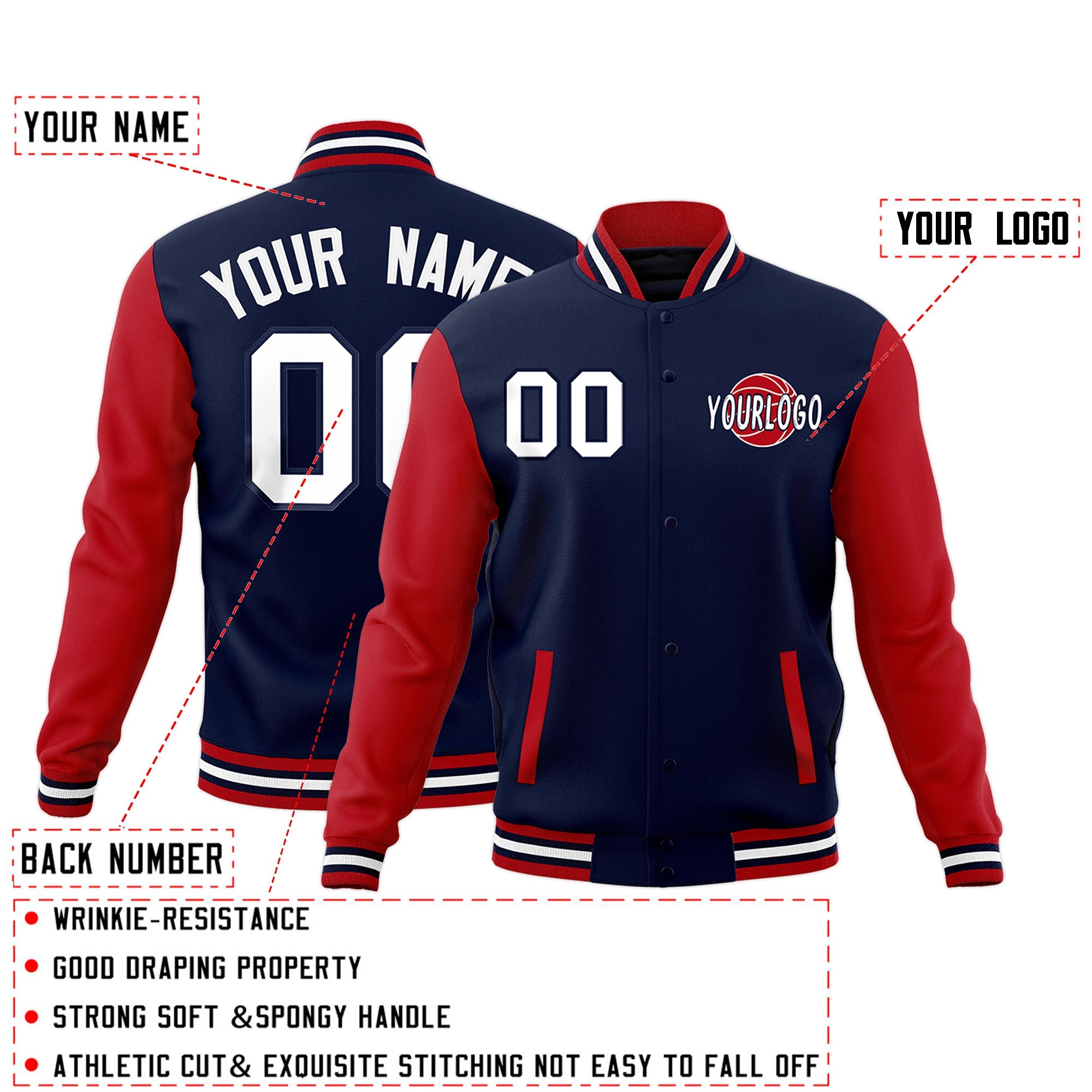Custom Navy Red White Raglan Sleeves Classic Style Full-Snap Jacket| KXKSHOP
