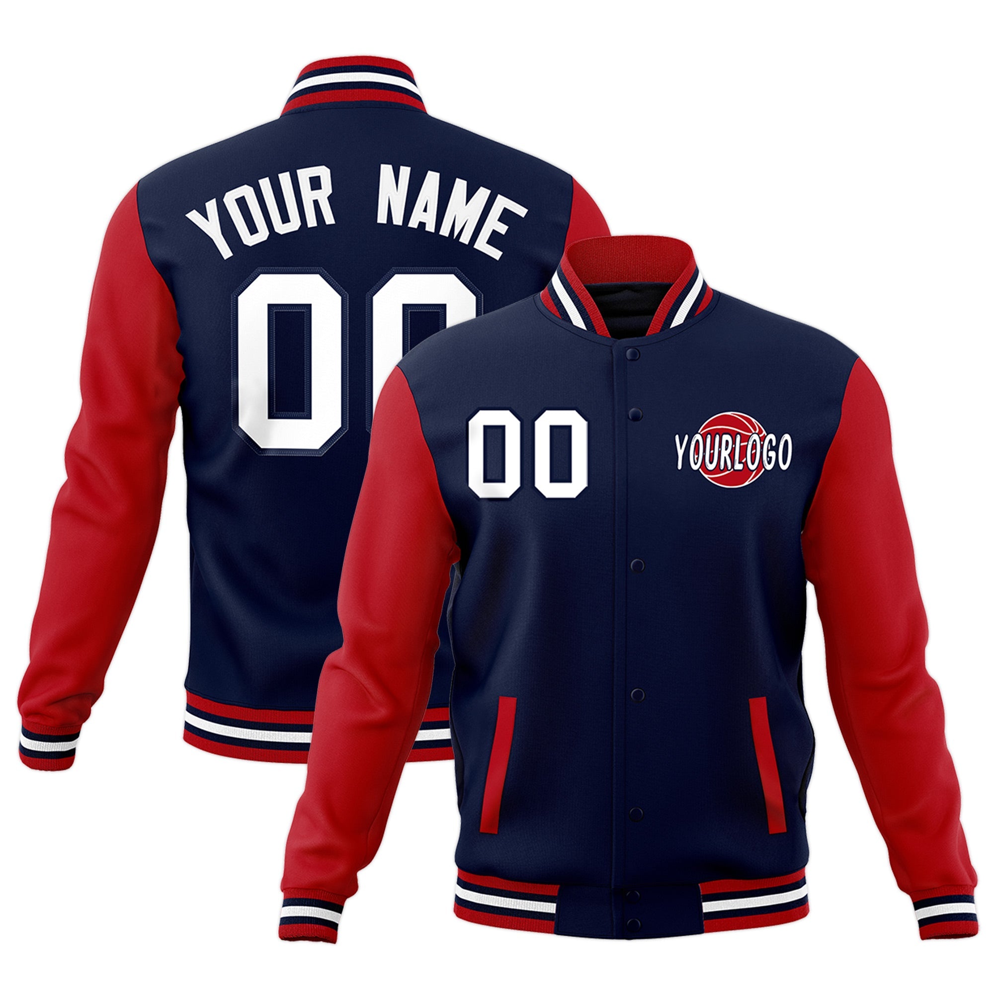 Custom Navy Red White Raglan Sleeves Classic Style Full-Snap Jacket| KXKSHOP