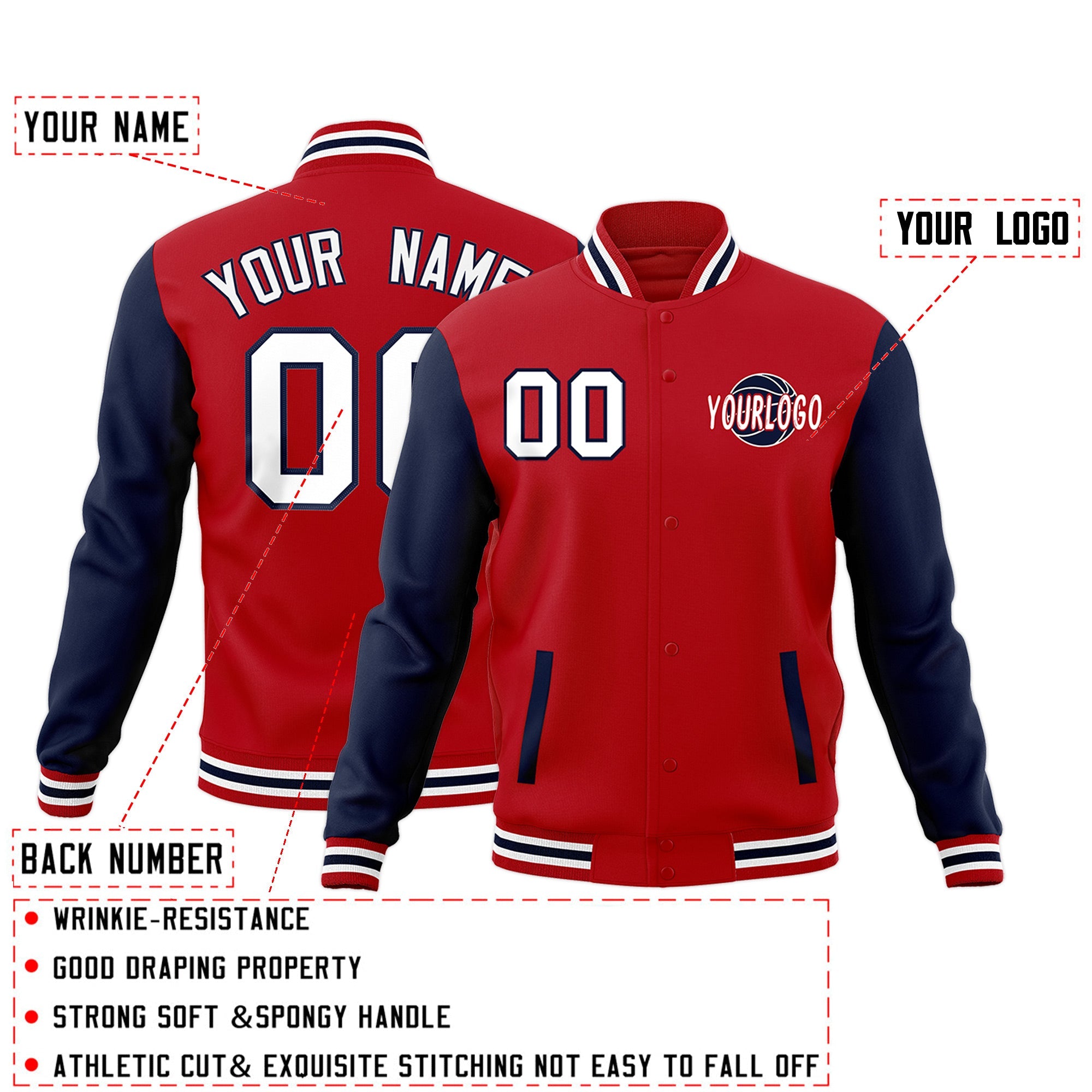 Custom Red Navy White Raglan Sleeves Classic Style Full-Snap Jacket| KXKSHOP