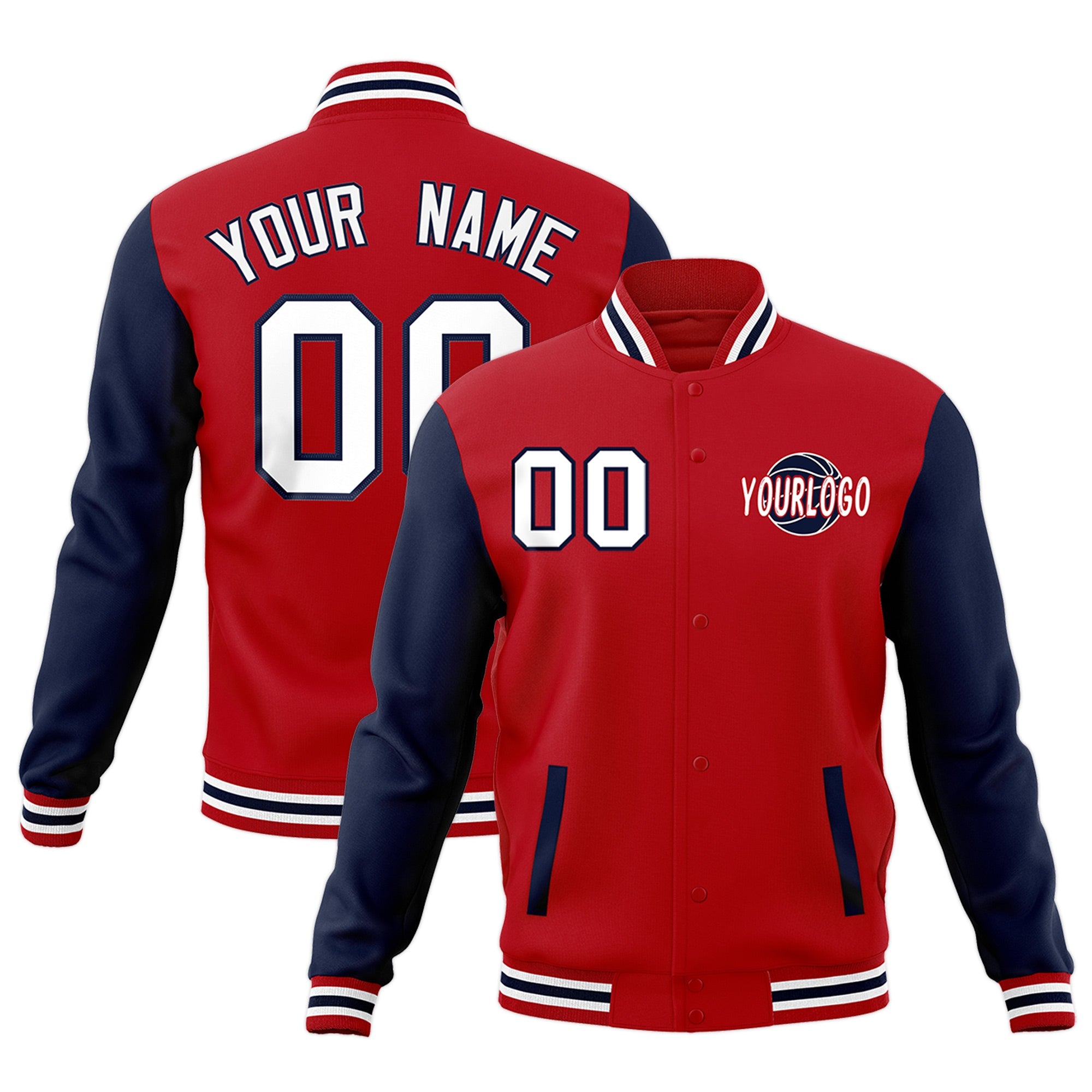 Custom Red Navy White Raglan Sleeves Classic Style Full-Snap Jacket| KXKSHOP