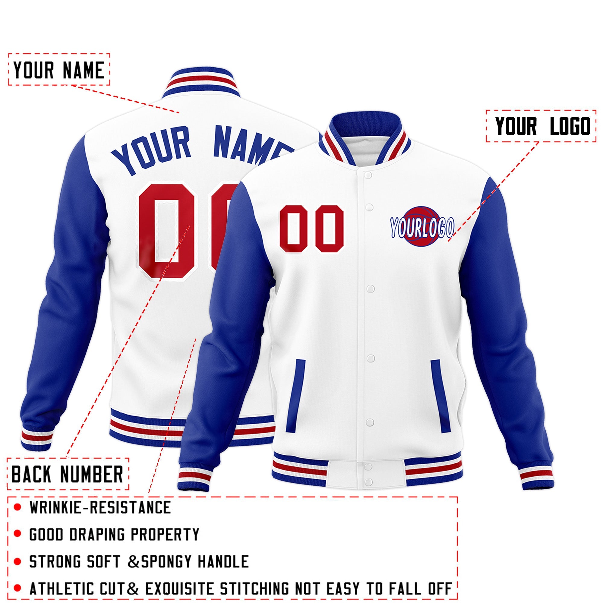 Custom White Royal Blue Red Raglan Sleeves Classic Style Full-Snap Jacket| KXKSHOP