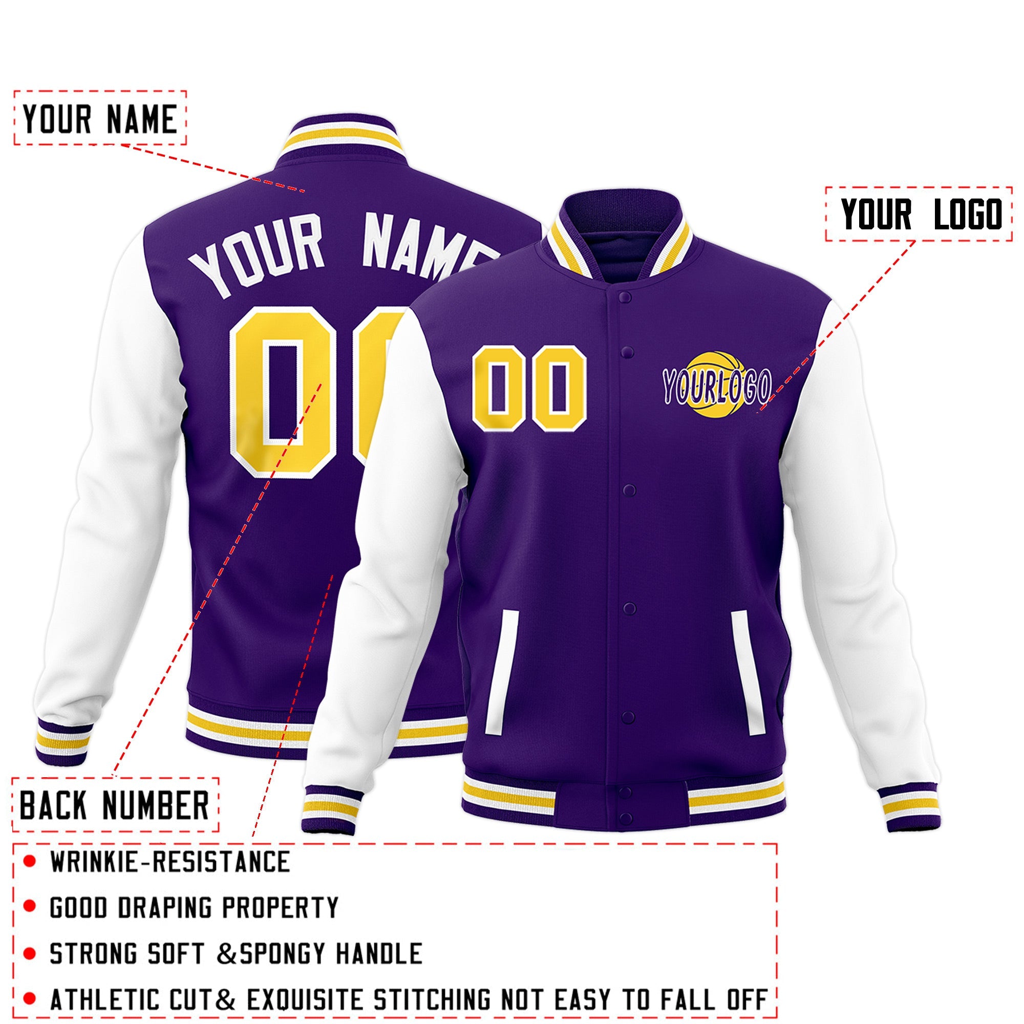 Custom Purple White Gold Raglan Sleeves Classic Style Full-Snap Jacket| KXKSHOP