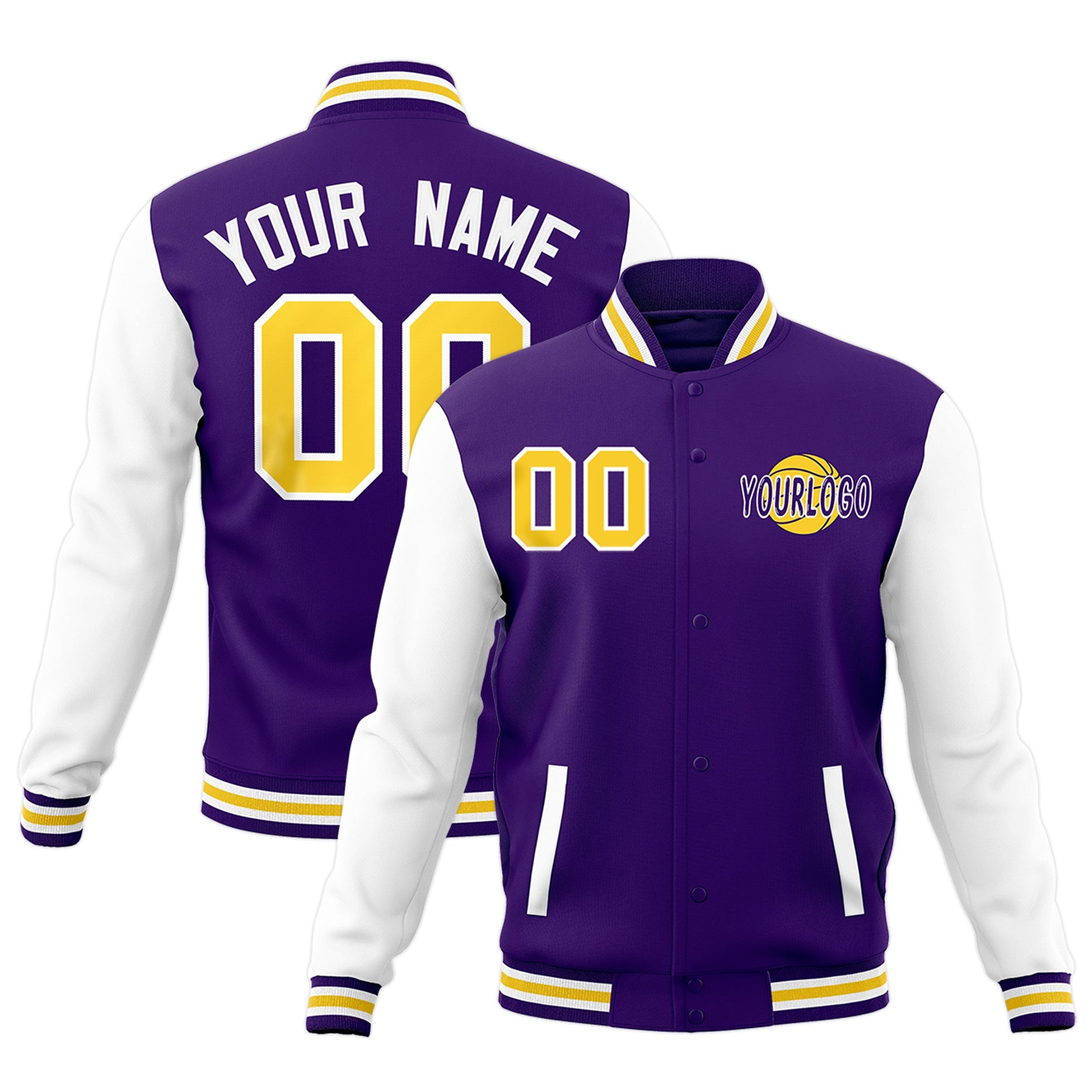 Custom Purple White Gold Raglan Sleeves Classic Style Full-Snap Jacket| KXKSHOP