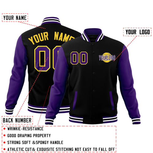 Custom Black Purple White Raglan Sleeves Classic Style Full-Snap Jacket| KXKSHOP