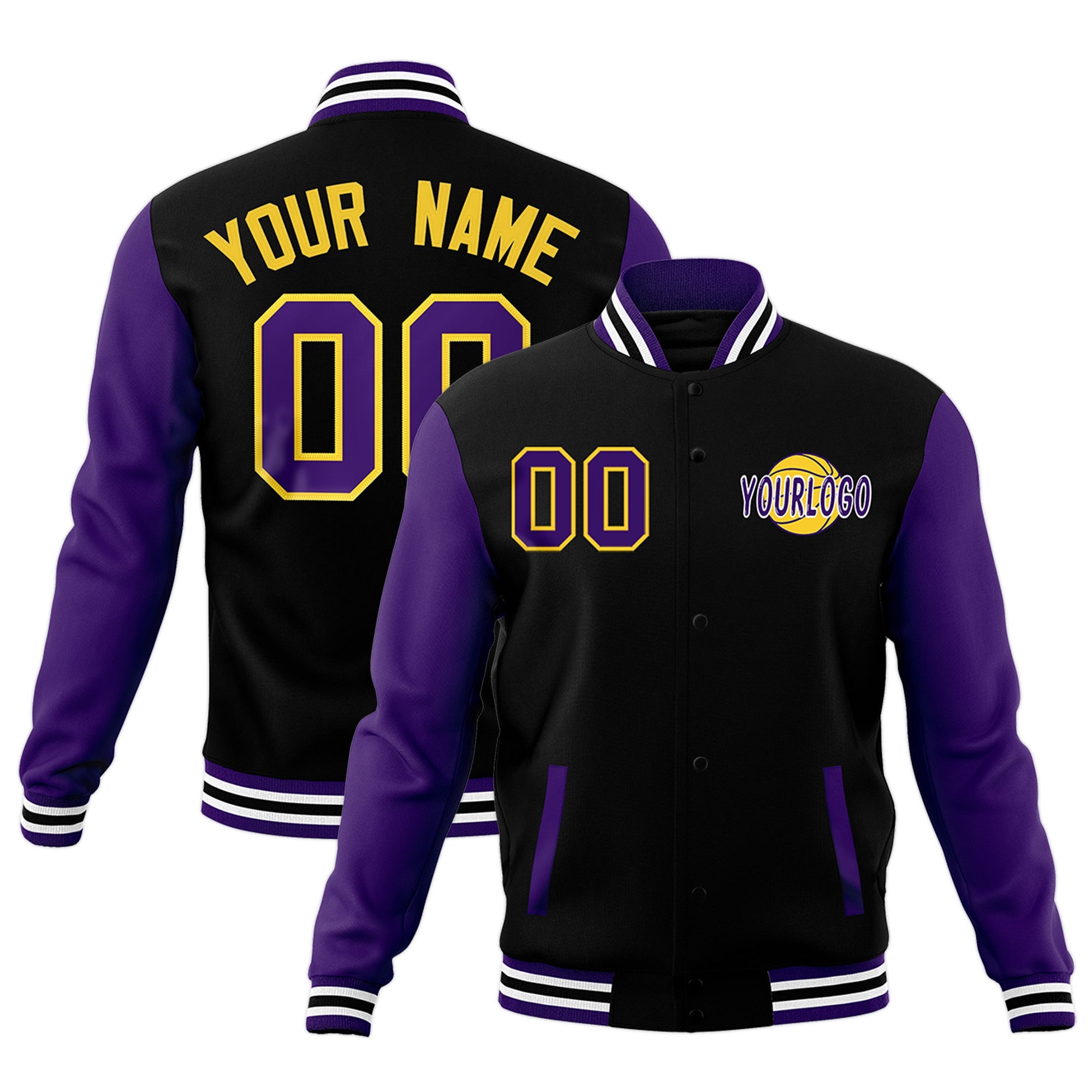Custom Black Purple White Raglan Sleeves Classic Style Full-Snap Jacket| KXKSHOP