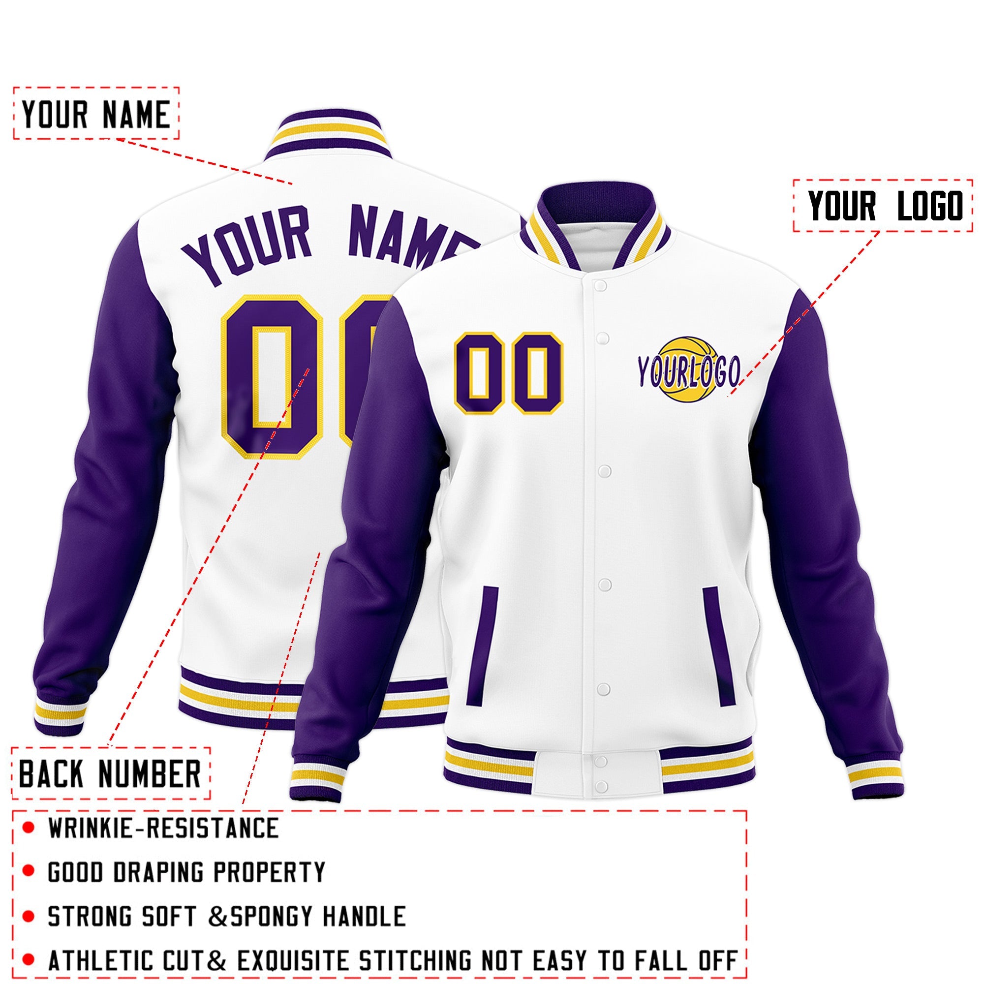 Custom White Purple Gold Raglan Sleeves Classic Style Full-Snap Jacket| KXKSHOP