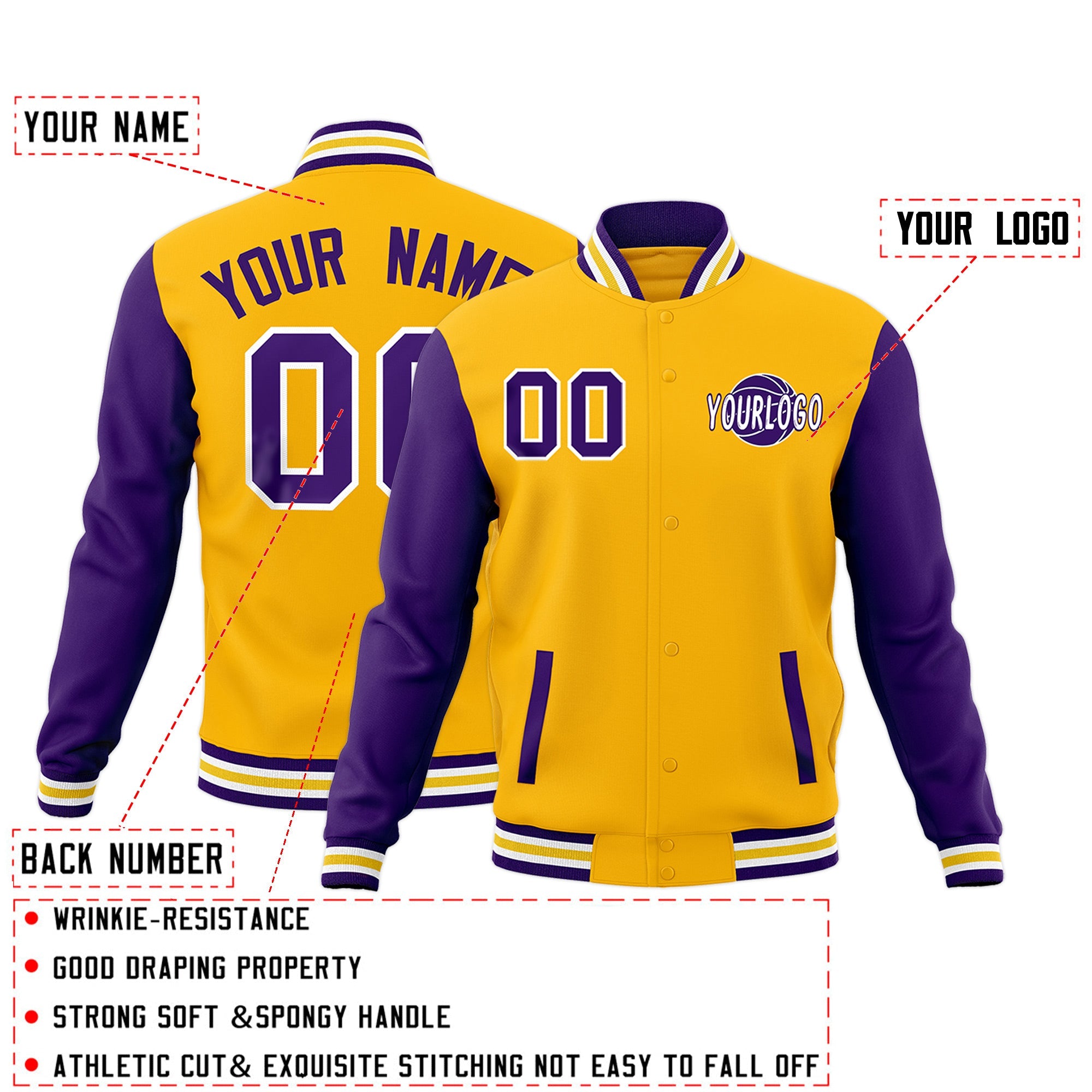 Custom Gold Purple White Raglan Sleeves Classic Style Full-Snap Jacket| KXKSHOP