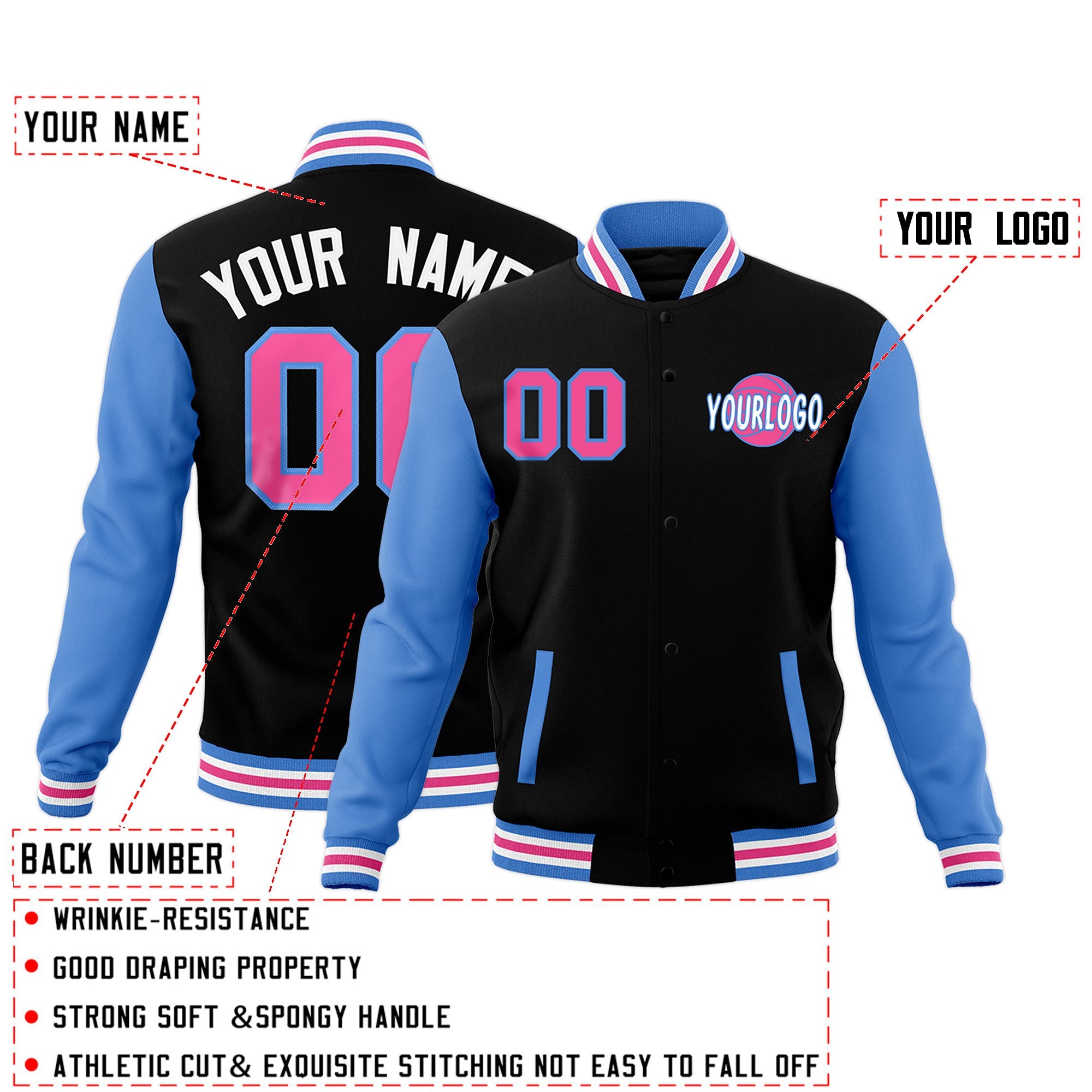 Custom Black Powder Blue White Raglan Sleeves Classic Style Full-Snap Jacket| KXKSHOP