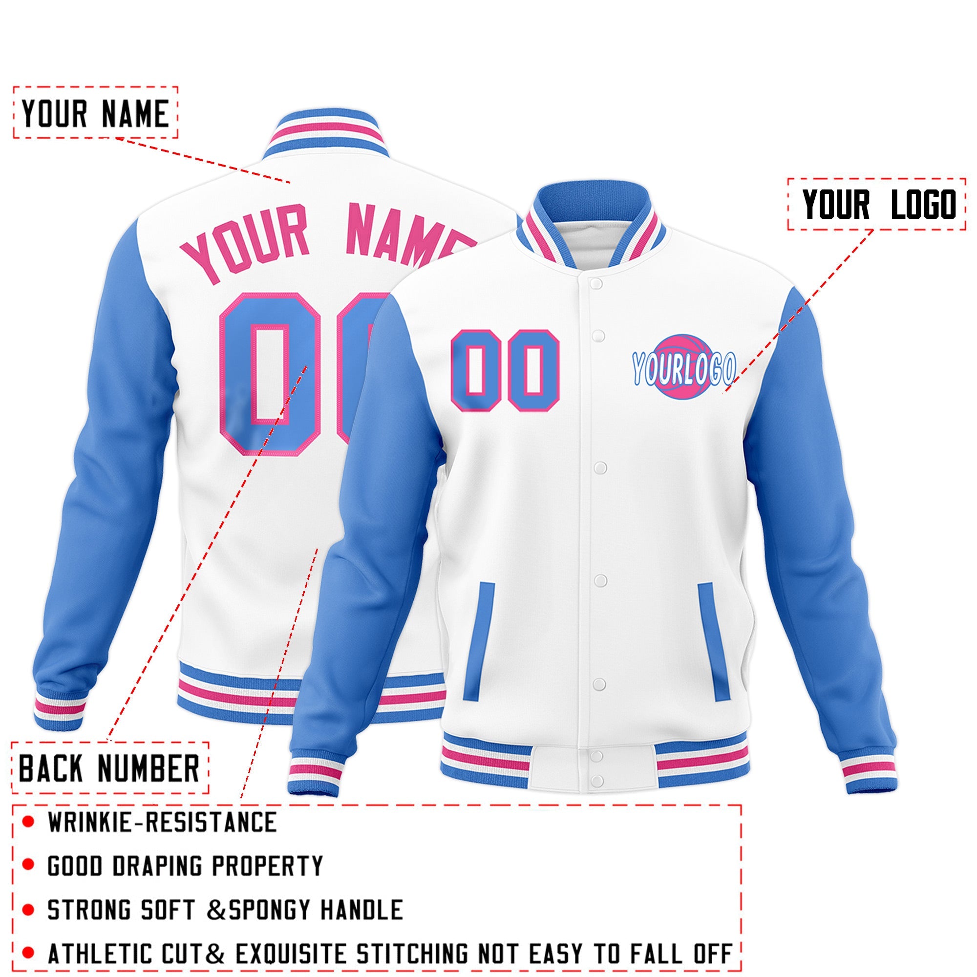 Custom White Powder Blue Pink Raglan Sleeves Classic Style Full-Snap Jacket| KXKSHOP