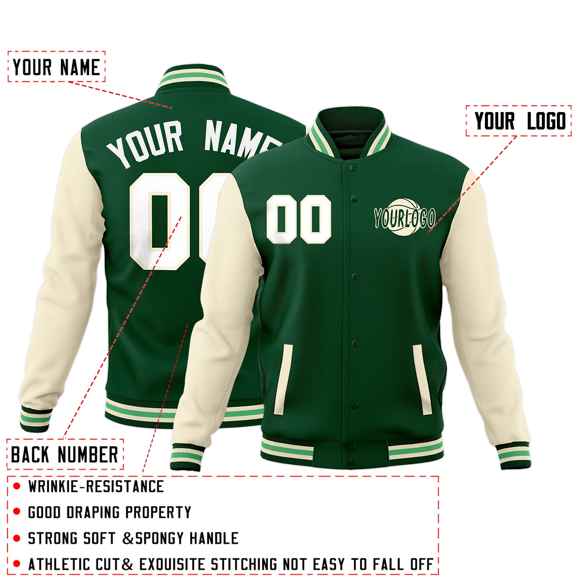 Custom Green Cream Raglan Sleeves Classic Style Full-Snap Jacket| KXKSHOP