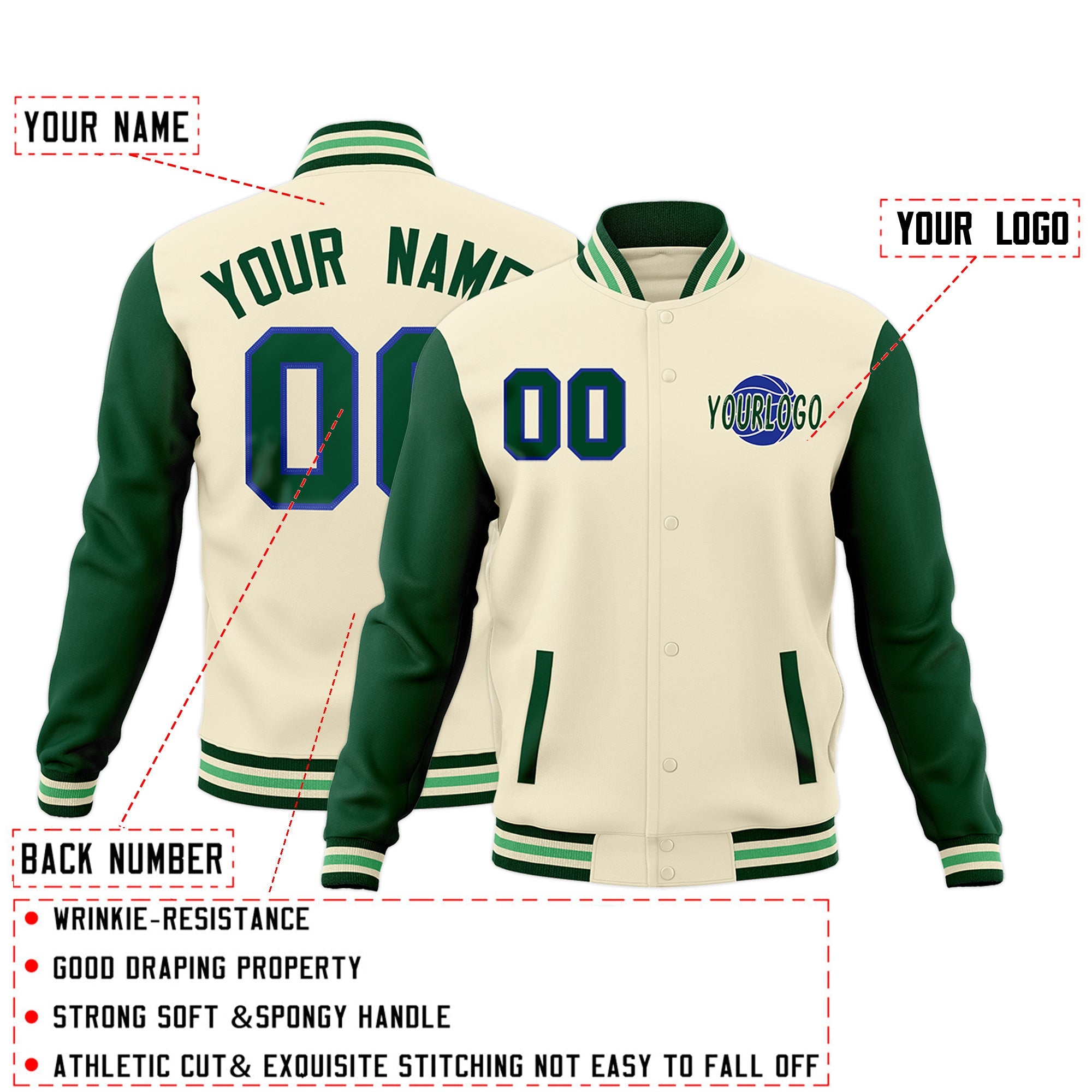 Custom Cream Green Raglan Sleeves Classic Style Full-Snap Jacket| KXKSHOP