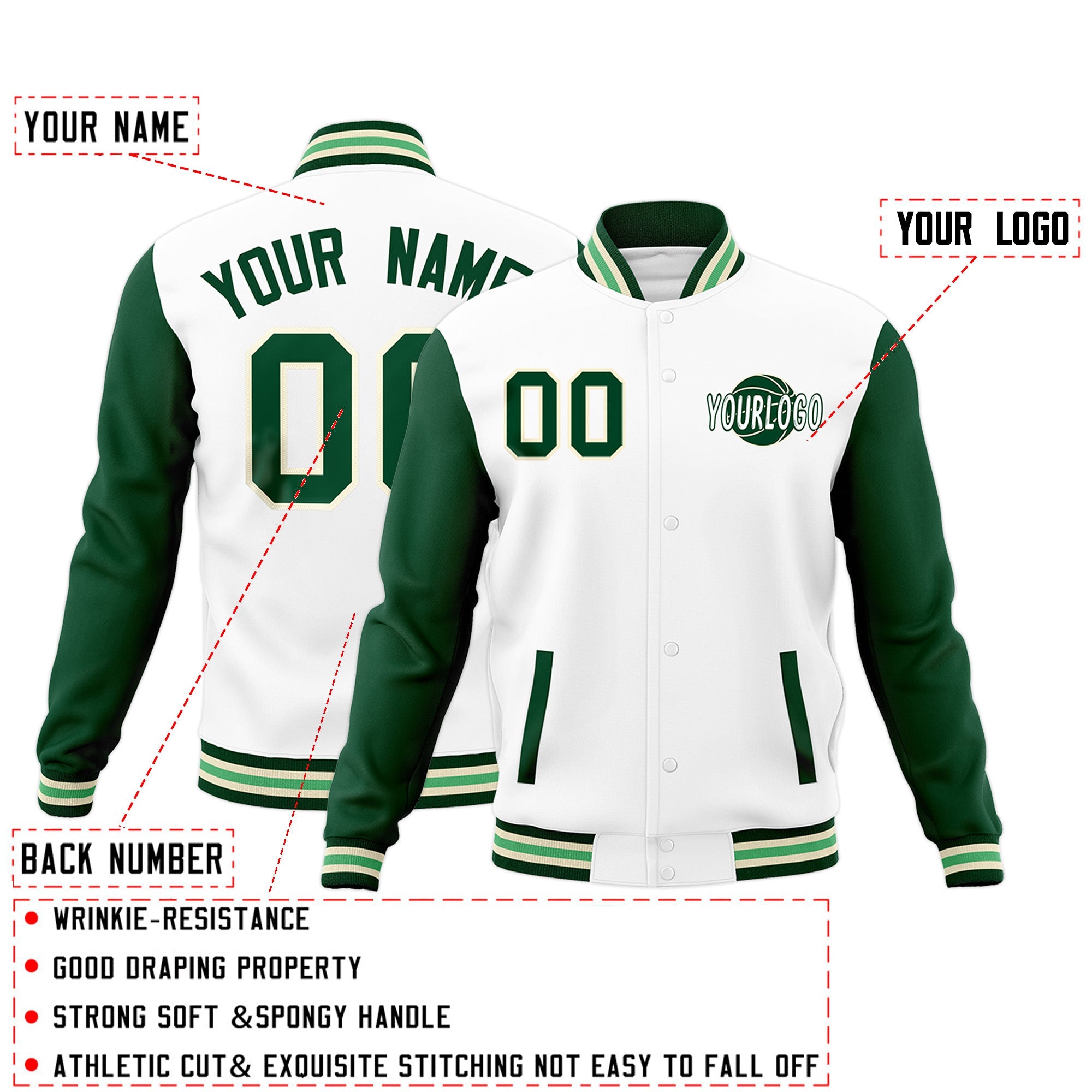 Custom White Green Cream Raglan Sleeves Classic Style Full-Snap Jacket| KXKSHOP