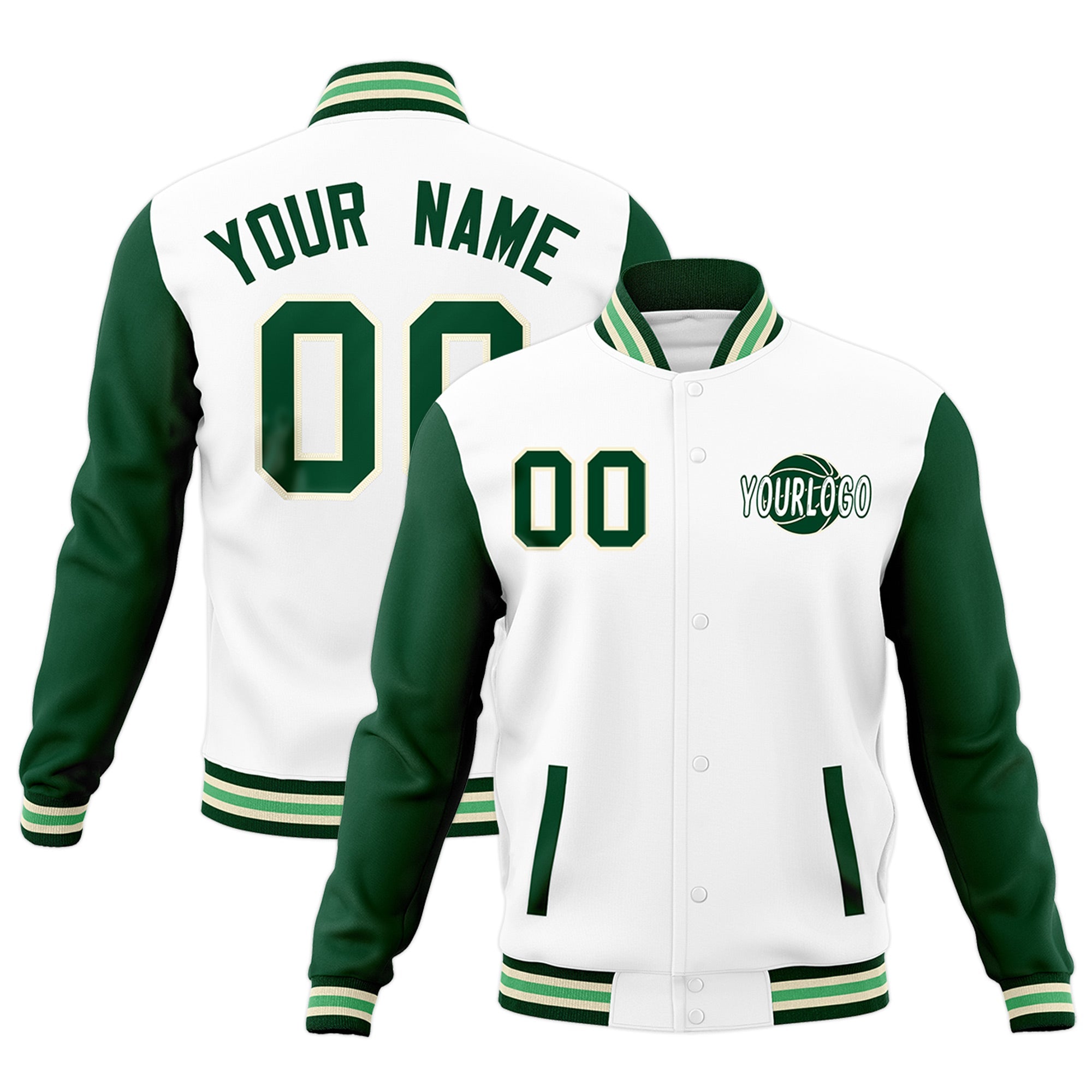 Custom White Green Cream Raglan Sleeves Classic Style Full-Snap Jacket| KXKSHOP
