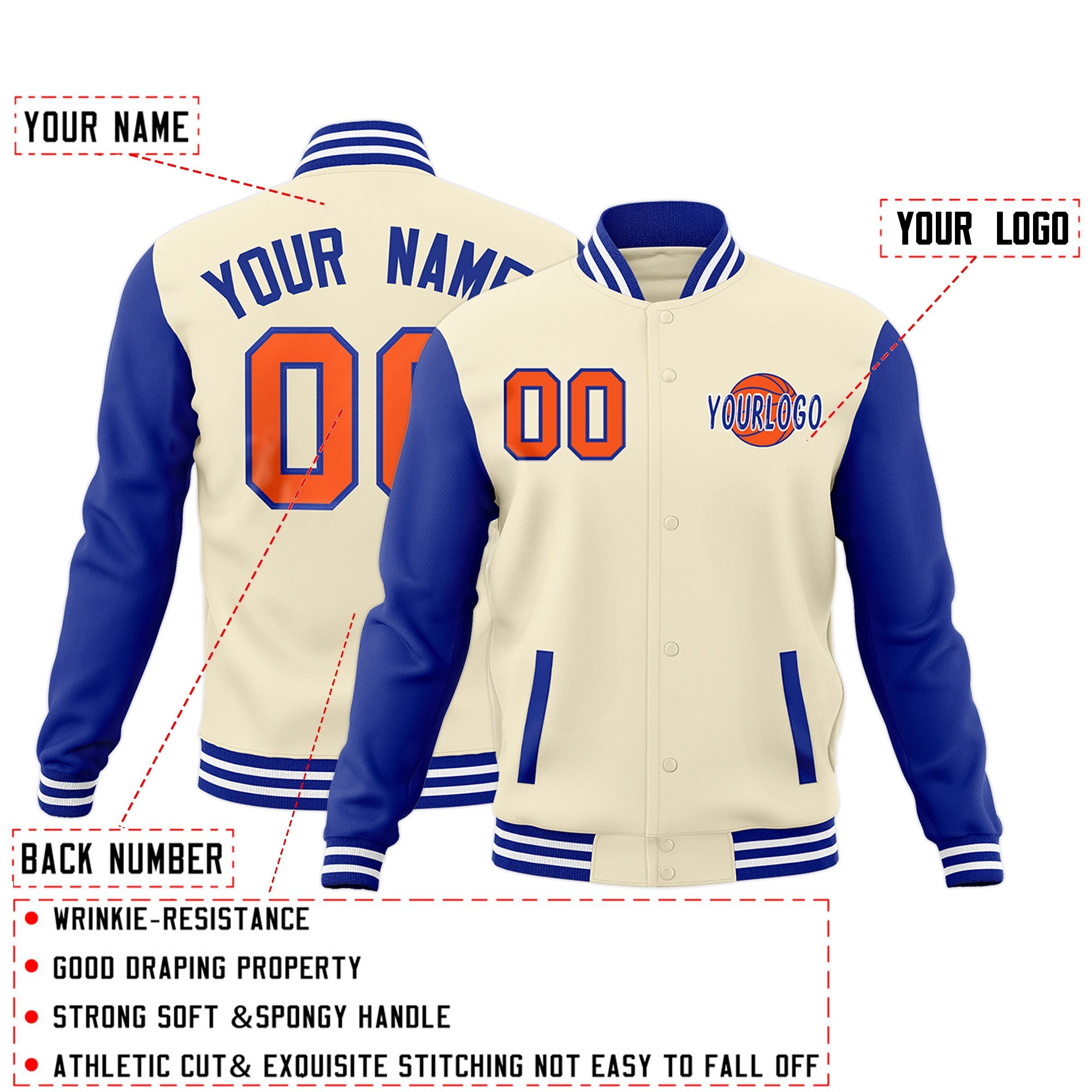 Custom Cream Royal Blue White Raglan Sleeves Classic Style Full-Snap Jacket| KXKSHOP