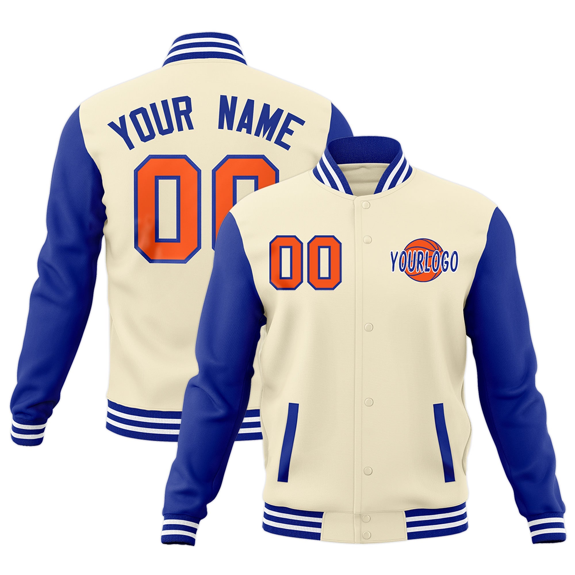 Custom Cream Royal Blue White Raglan Sleeves Classic Style Full-Snap Jacket| KXKSHOP