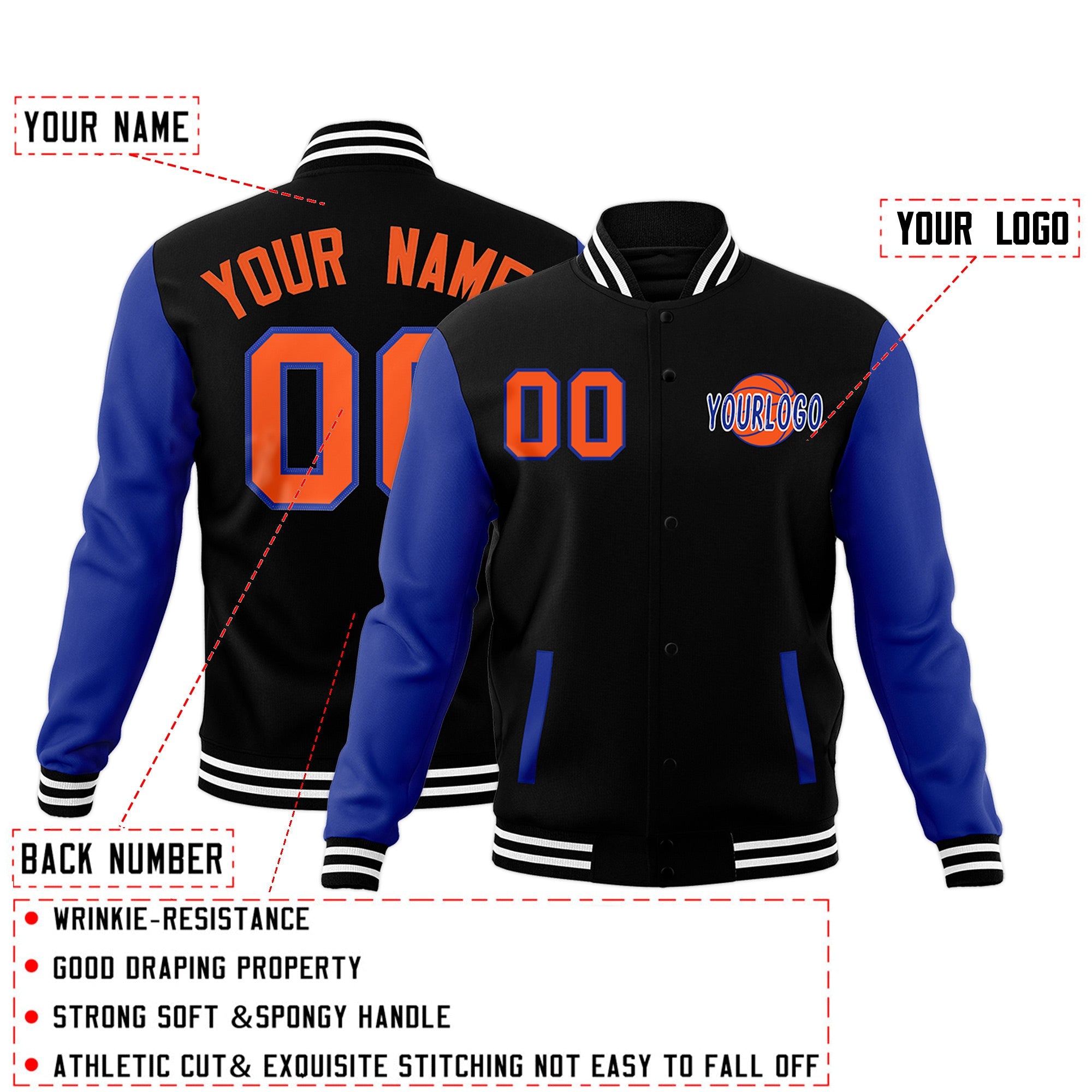 Custom Royal Blue Black Raglan Sleeves Classic Style Full-Snap Jacket| KXKSHOP