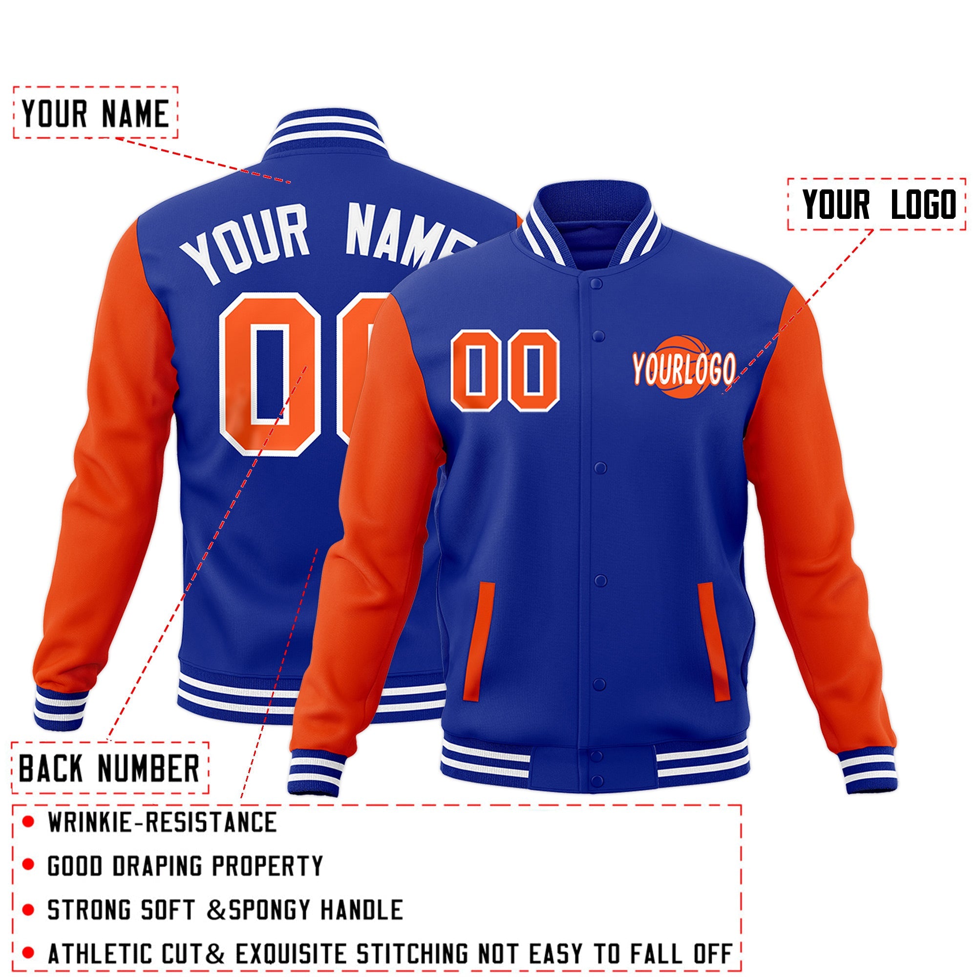 Custom Royal Blue Orange White Raglan Sleeves Classic Style Full-Snap Jacket| KXKSHOP
