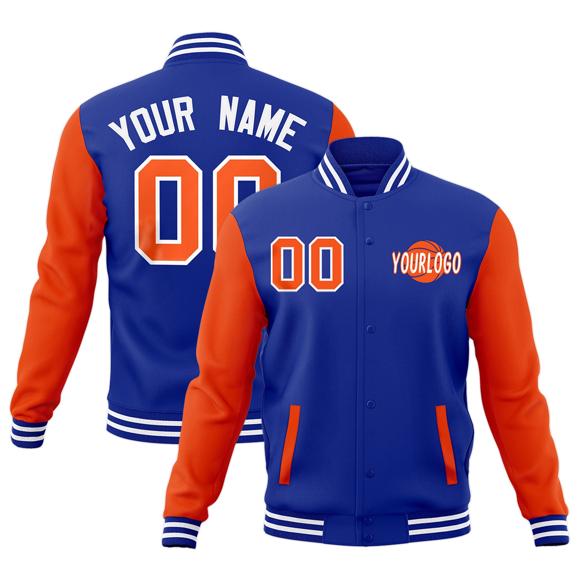 Custom Royal Blue Orange White Raglan Sleeves Classic Style Full-Snap Jacket| KXKSHOP