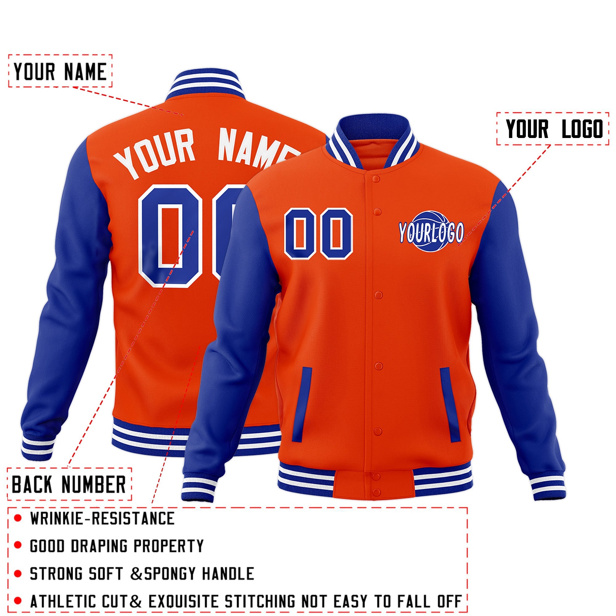 Custom Orange Royal Blue Raglan Sleeves Classic Style Full-Snap Jacket| KXKSHOP