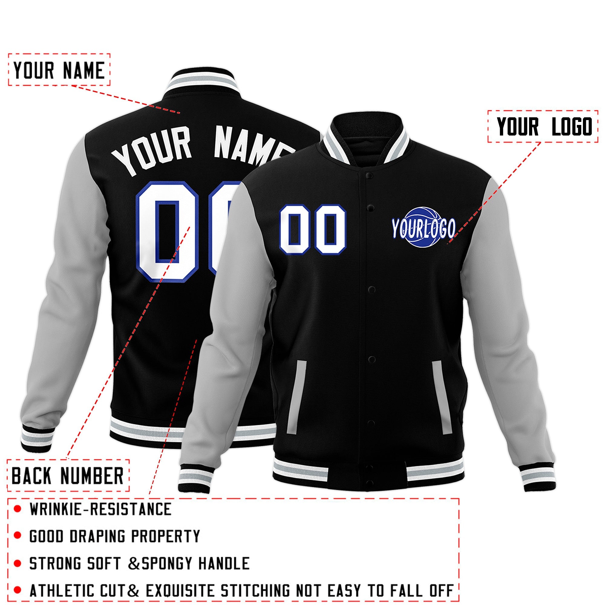 Custom Black Gray White Raglan Sleeves Classic Style Full-Snap Jacket| KXKSHOP